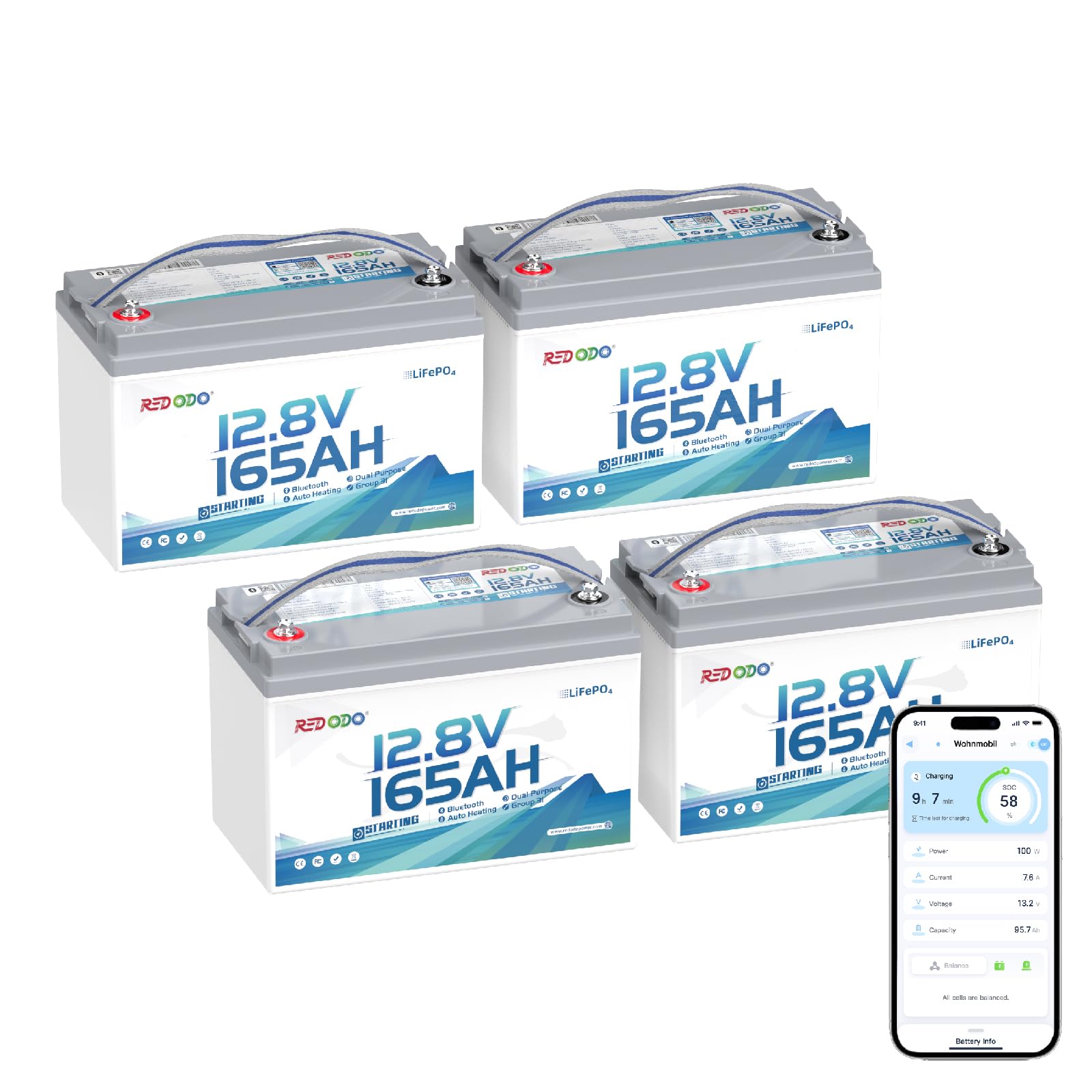 Redodo 4 Pack 12V Dual Purpose Lithium Mattery Battery 165Ah