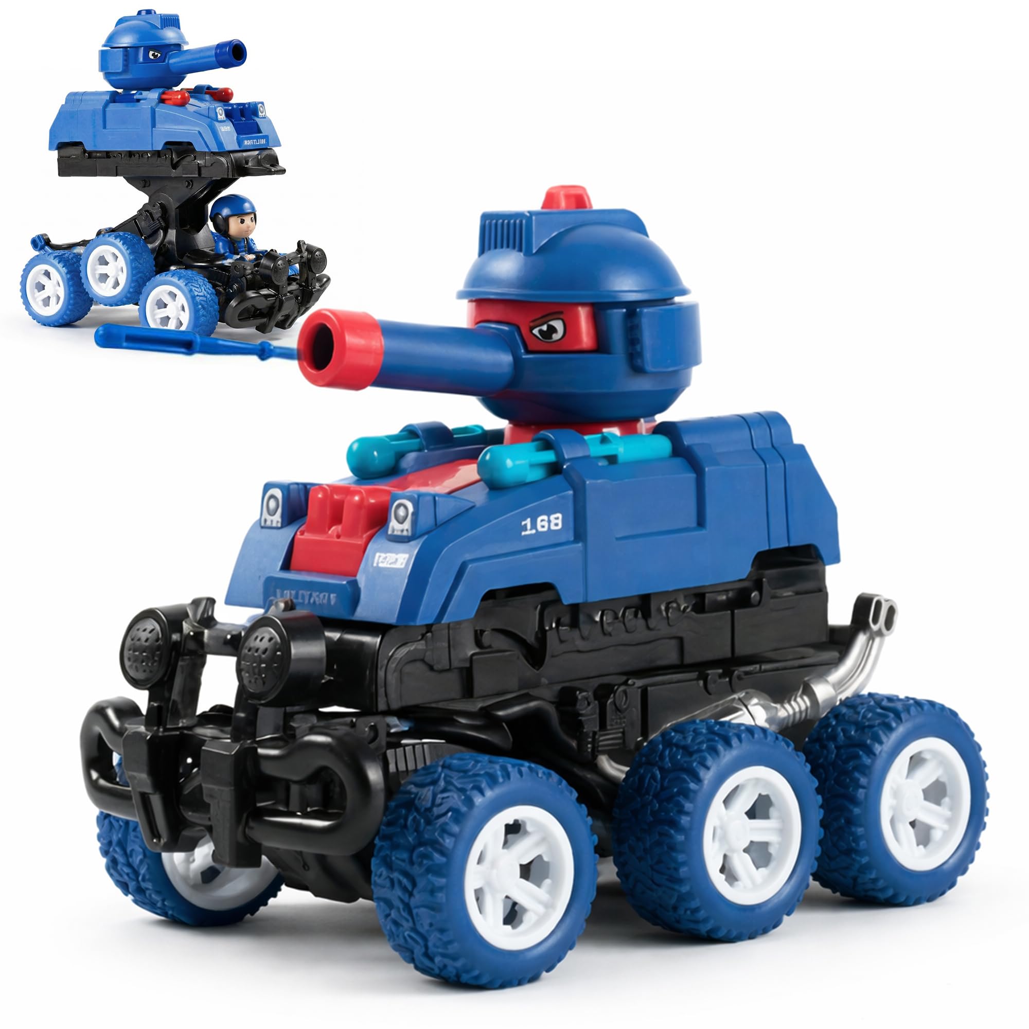 Kidology Transforming Tank Toy Car for Kids | Friction Powered Military Vehicle with Collision Transformation, Pop-Up Soldier, Rotating Turret & Press-to-Launch Missiles – Ages 3+ (Dark Blue)-image-7