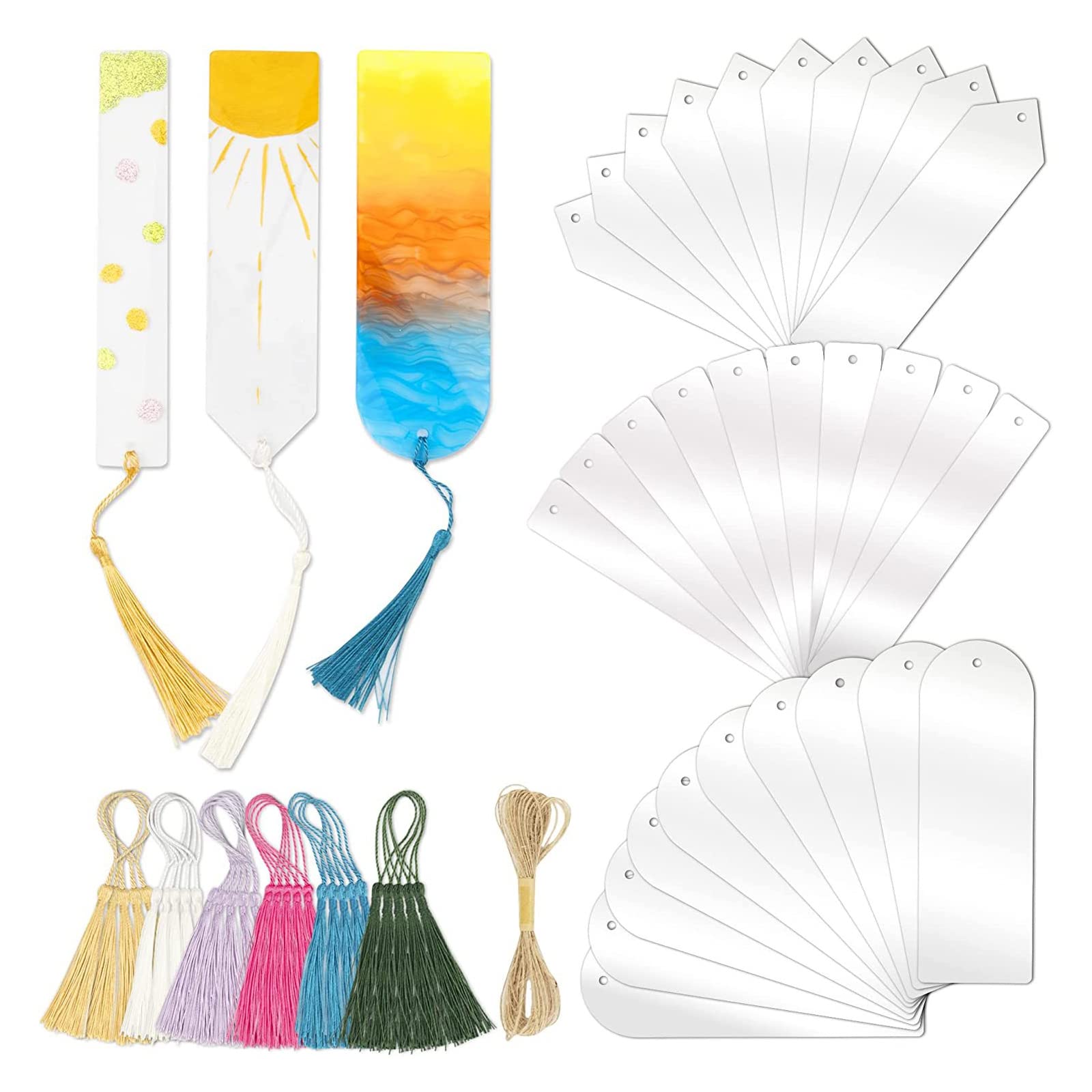 TONAUP 30 Stück Rechteck Transparente Lesezeichen Acryl DIY Lesezeichen Personalisiert mit Bunte Quasten für Lesen Geschenk, DIY Basteln