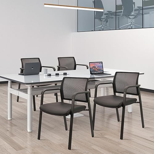 Miniatura 9 de CLATINA Silla de oficina apilable, sillas de invitados con respaldo de malla con cómodos brazos de asiento de cuero, silla de escritorio ergonómica