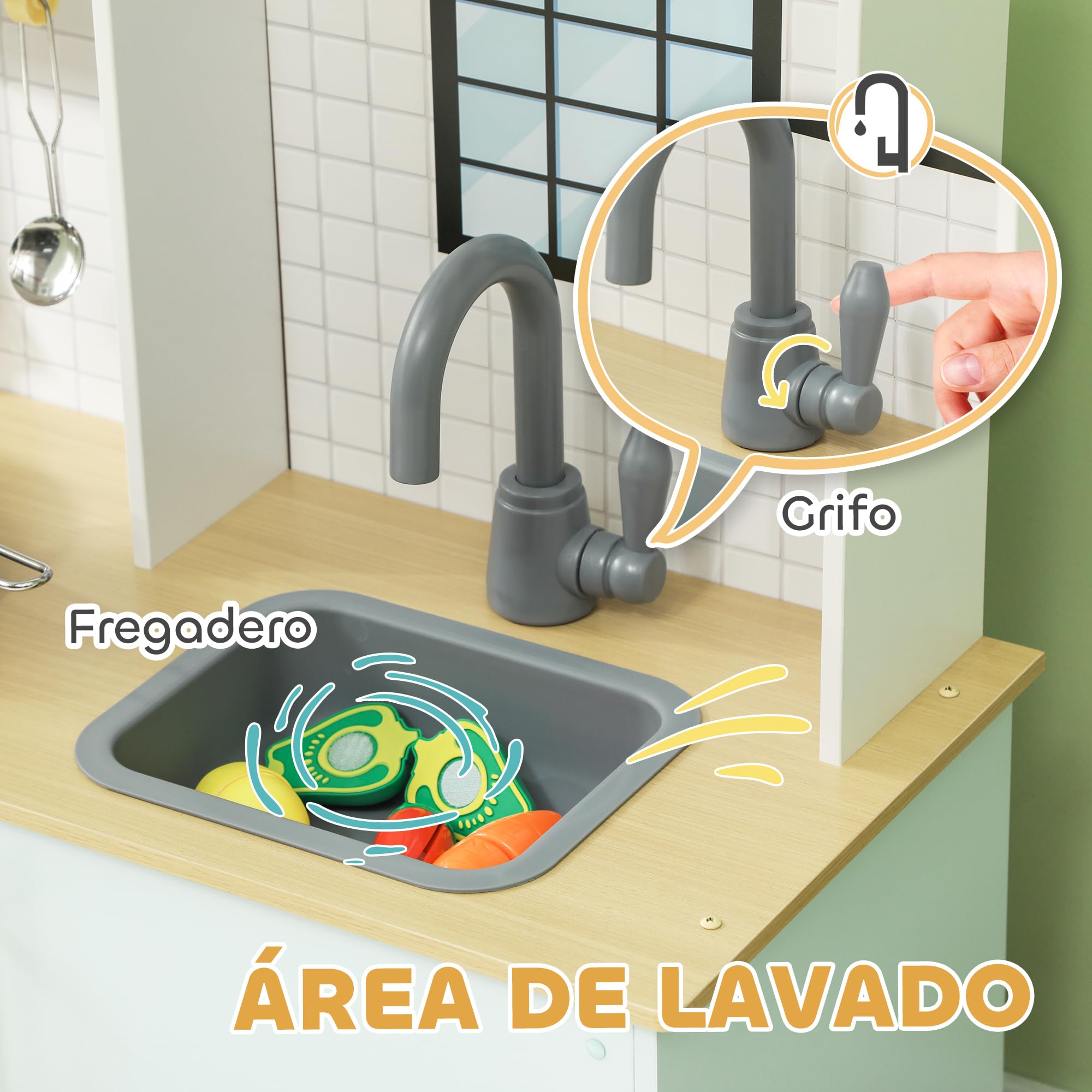 AIYAPLAY Cocina de Juguete para Niños +3 Años Cocina de Madera Infantil Cocinita Infantil con Sonido Fogón Horno Grifo Fregadero Microondas y Accesorios de Cocina Azul