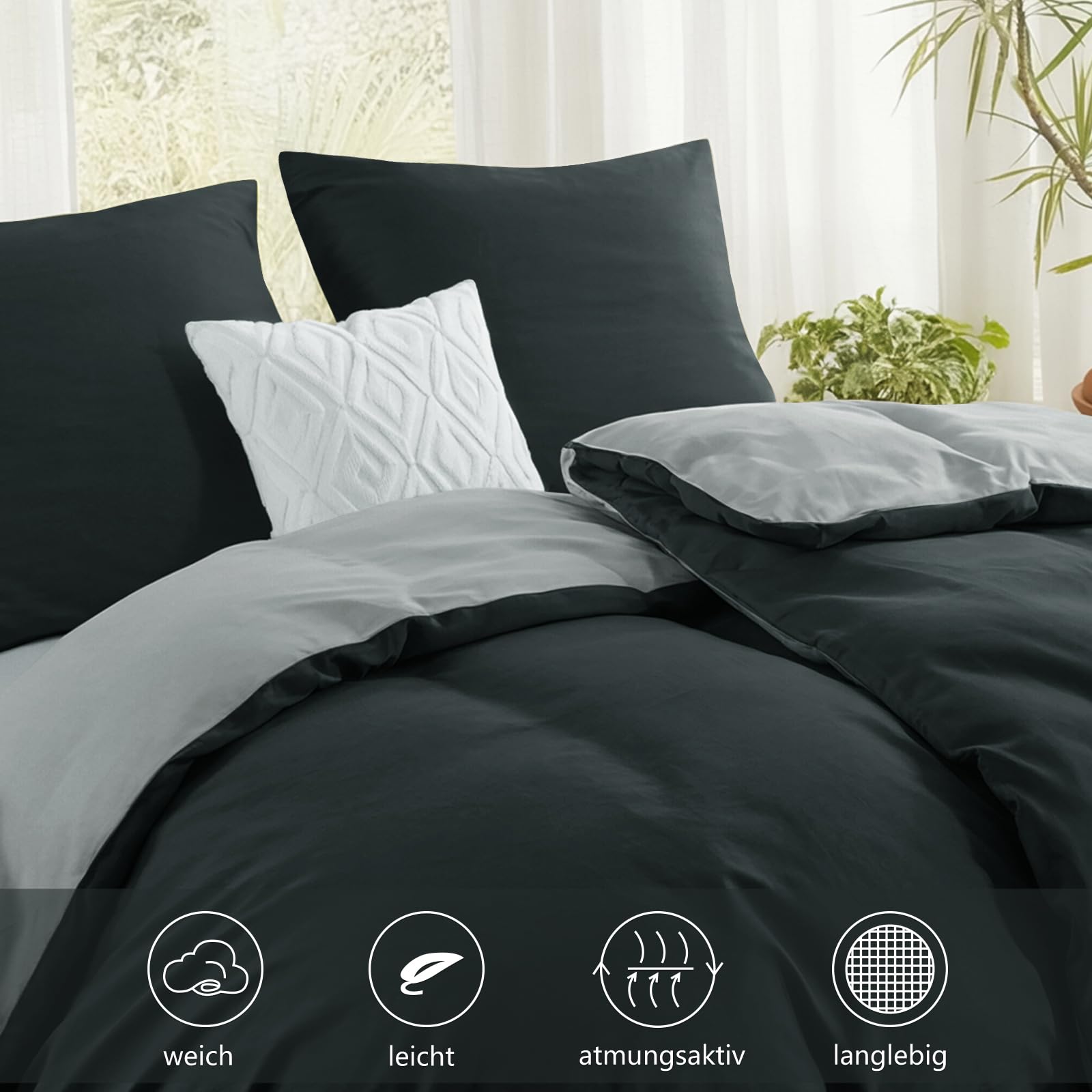 RUIKASI Beddengoed 200 x 220 cm, katoen, zwart, beddengoedsets 200 x 220 cm, 3-delig, omkeerbaar beddengoed, 3-delig, met ritssluiting, tweekleurige dekbedovertrekset, zwart en grijs, katoen RUIKASI Beddengoed 200 x 220 cm, katoen, zwart, beddengoedsets 200 x 220 cm, 3-delig, omkeerbaar beddengoed, 3-delig, met ritssluiting, tweekleurige dekbedovertrekset, zwart en grijs, katoen