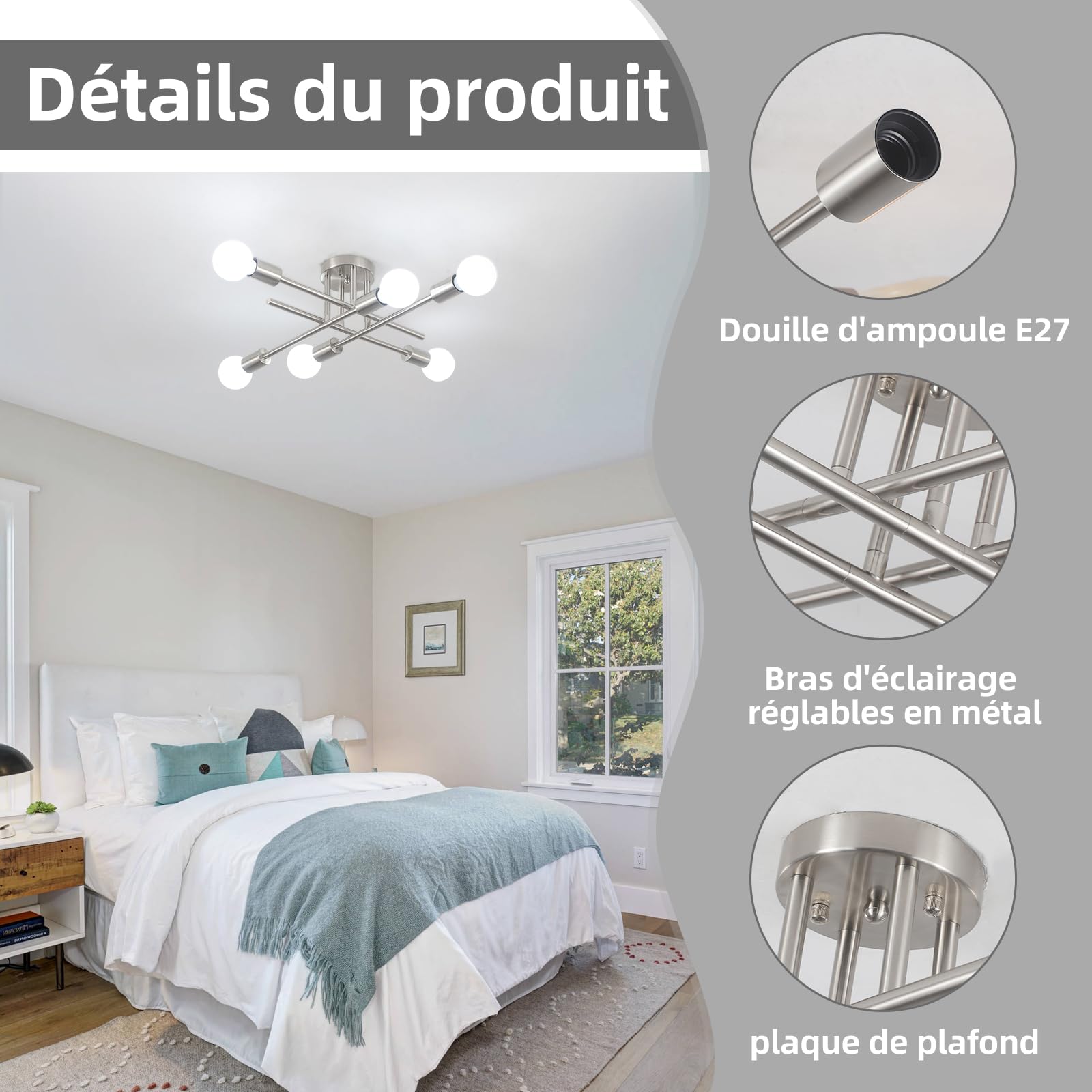 Lustre Sputnik Industriel 6 Lumières Plafonnier Vintage 52cm 60W Dimmable | Chromé Lampe de Plafond en Métal,Lustre Argenté Vintage pour Chambre Salon Cuisine Couloir Salle à Manger,Ampoule E27