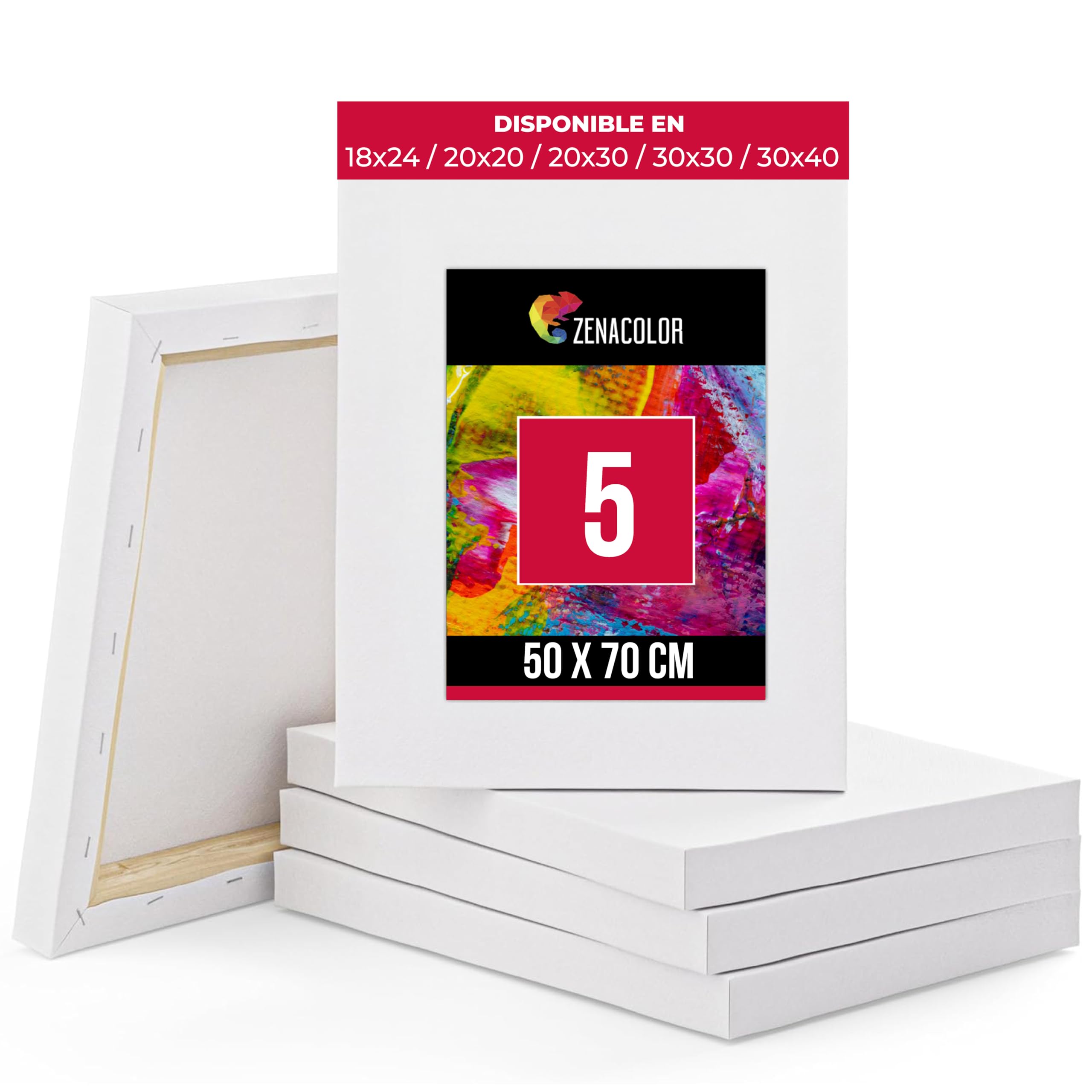 Zenacolor Lienzos para Pintar 50x70 - Set de 5 Lienzos Enmarcados - Tela Blanca 100% Algodón - Set Lienzos para Pintar Grandes para Pintura Acrilica, Oleo, Gouache y Acuarela