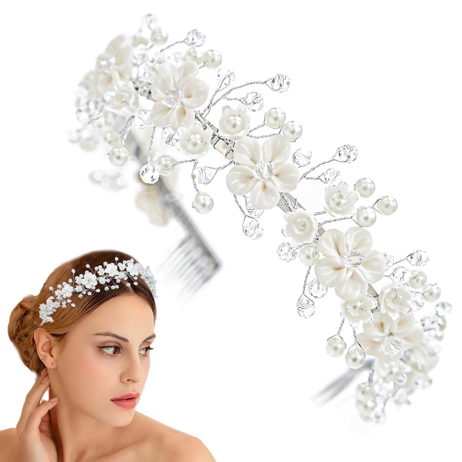 Diadema de perlas con diamantes de imitación para boda, princesa, flores blancas, exquisito accesorio para el cabello de novia para niñas y mujeres (blanco2)