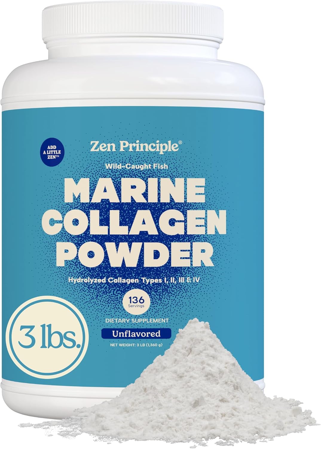Zen Principle Marine Collagen Peptides Powder 3lb. Wild-Caught Fish, Non-GMO. Supports Healthy Skin, Hair, Joints, and Bones. Hydrolyzed Type 1 & 3 Protein. Amino Acids, Unflavored, Easy to Mix.