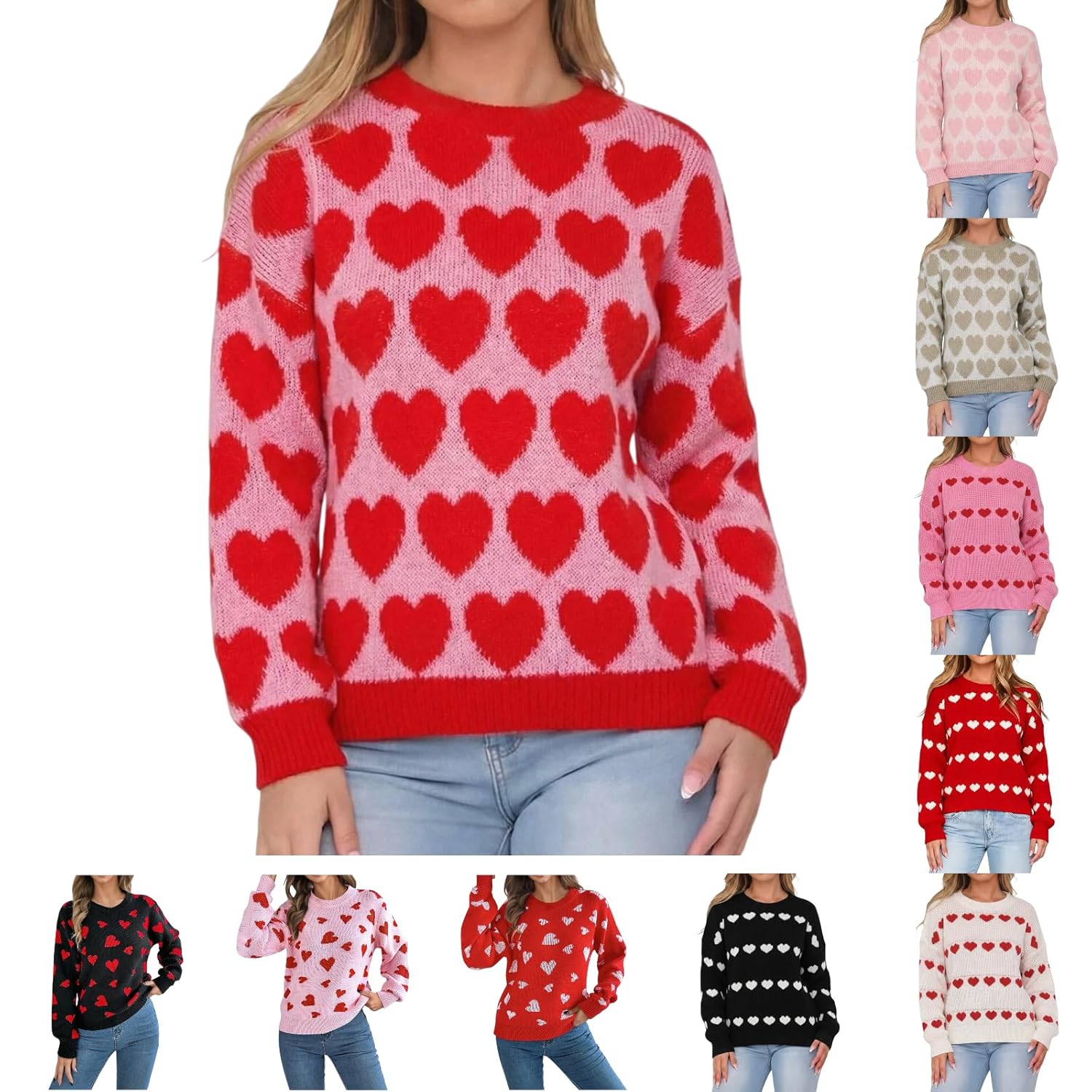 Heart Sweater for Women Valentines Day Romantic Print Long Sleeve Pullover Casual Loose Soft Cute Knit Crewneck Sweaters