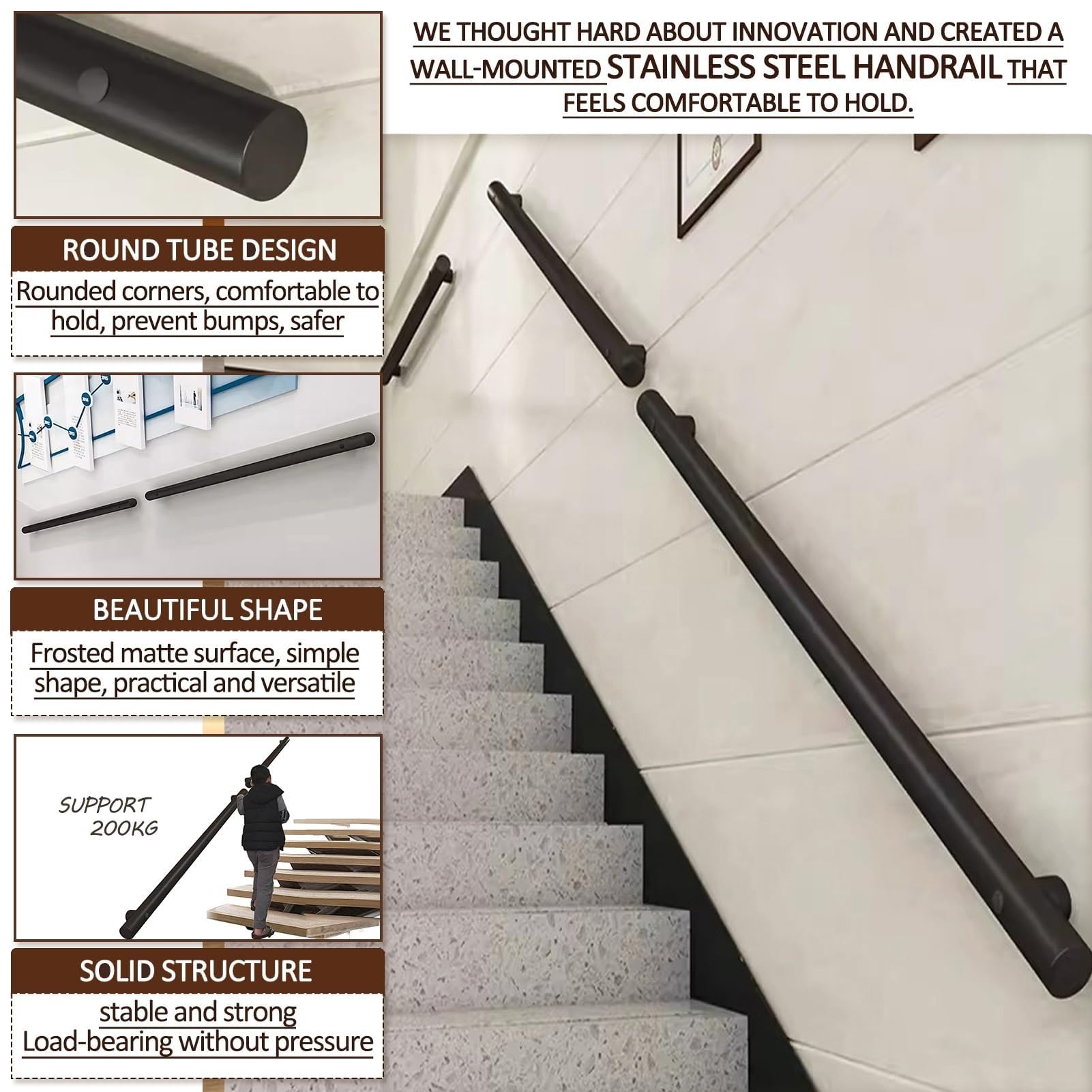 Pasamanos Pared Pasamanos De Acero For Escaleras Interiores, Kit De Soporte For Barandilla De Mano For Montaje En Pared, Varilla De Soporte(3.3ft/100cm)