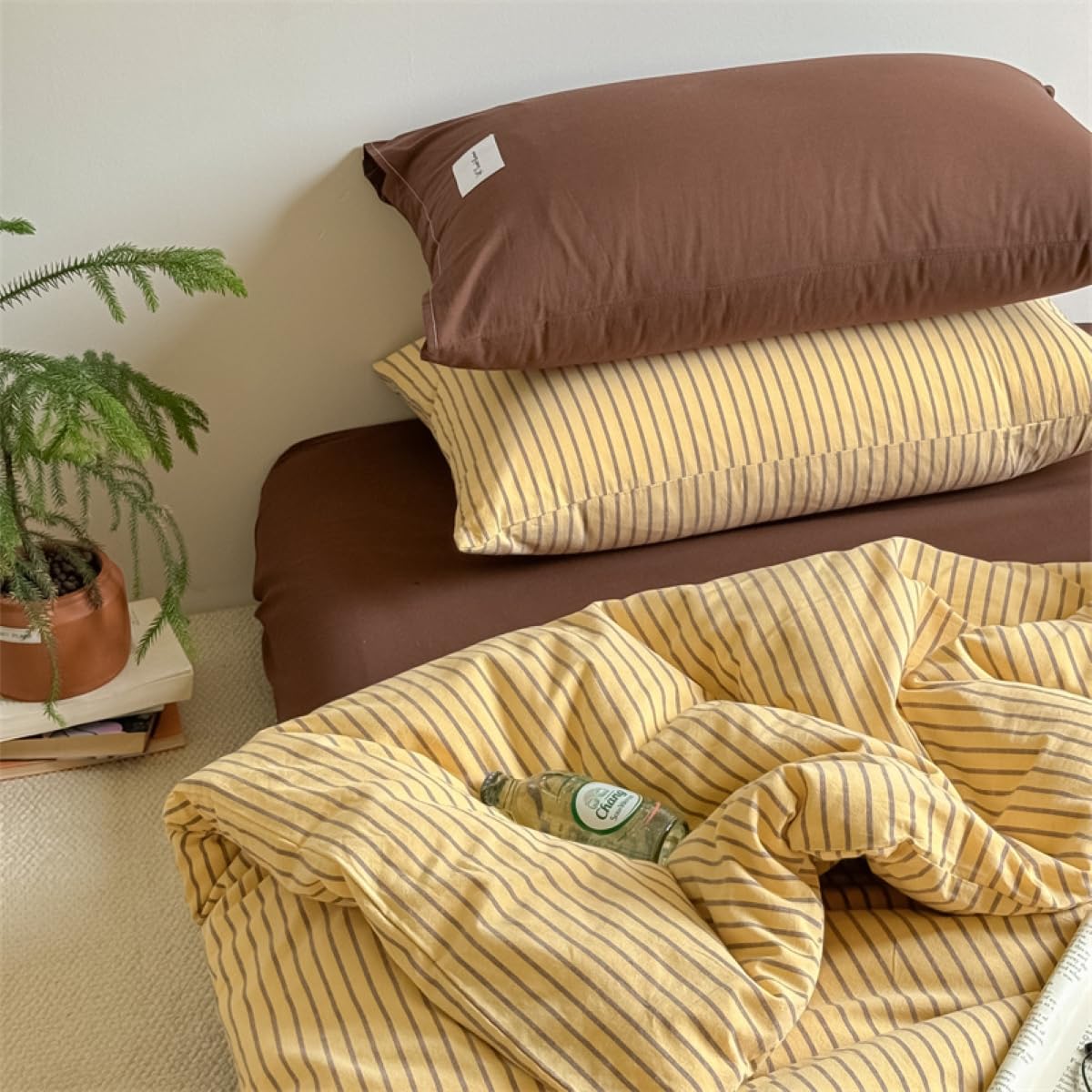 Sedefen Bettwäsche 135x200cm 4teilig Braun Gelb Gestreift Bettbezug aus Microfaser Geometrisch Streifen ÖKO-TEX Bettwäsche Set 2 Bettbezug mit Reißverschluss und 2 Kissenbezug 80x80cm