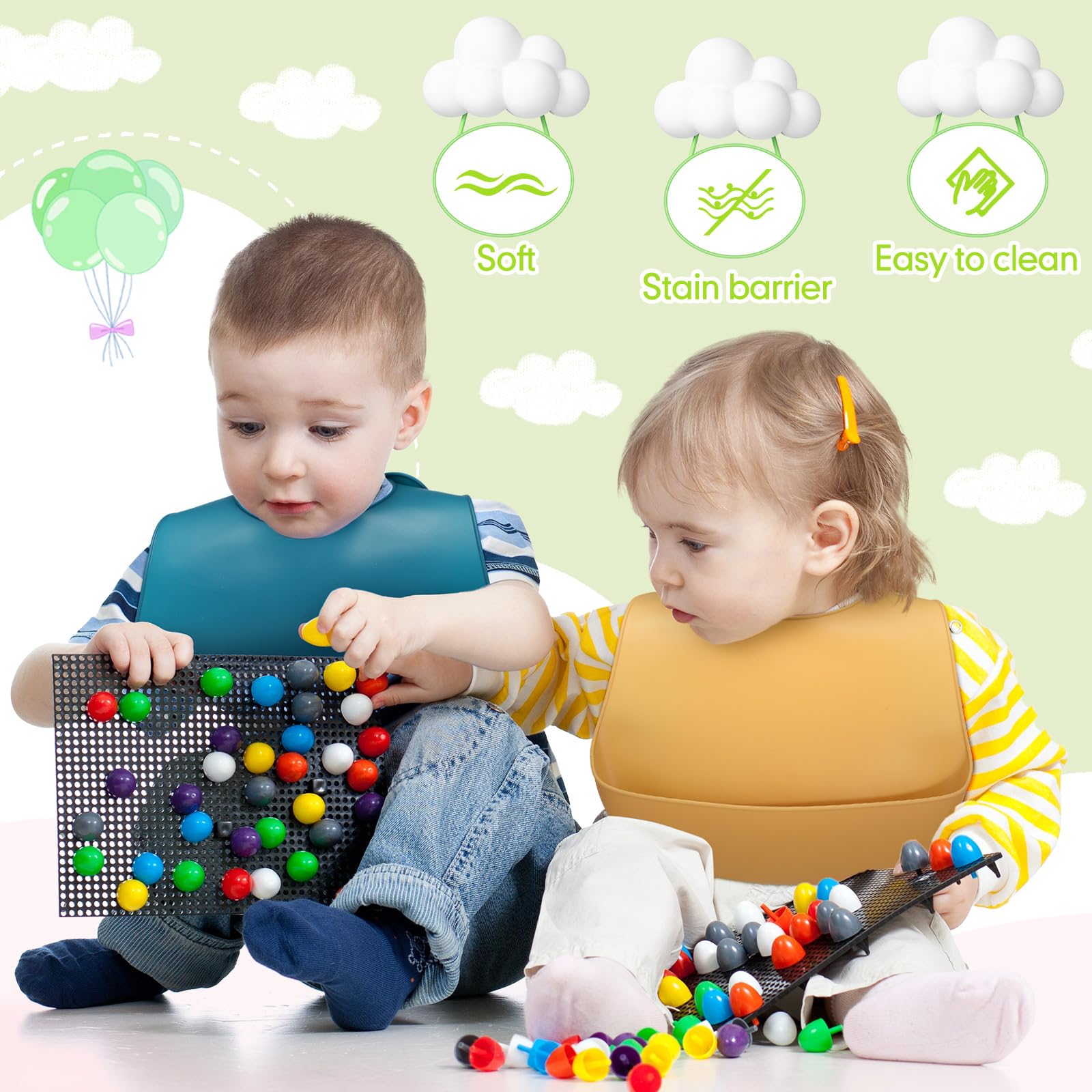 Tioncy Silikon-Lätzchen für Babys und Kleinkinder, wasserdicht, verstellbar, weich, langlebig, Fütterungs-Lätzchen, Geschenke mit Lebensmittelfänger, für Kindergarten, Kindergarten, Vorschule, Kinder