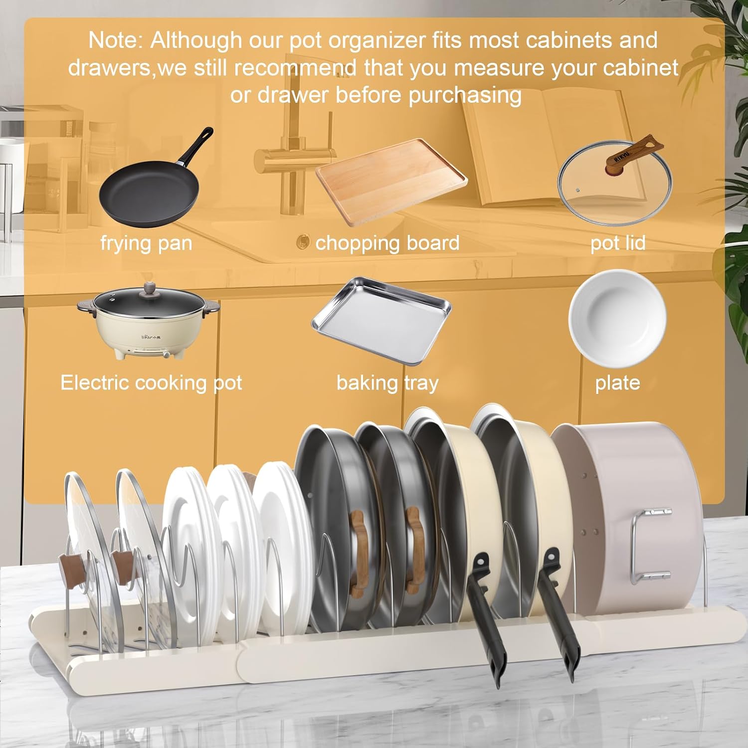 Pots and Pans Organizer Under Cabinet,Expandable Pot Lid Holder with 10 Adjustable Dividers,Pot Rack,Kitchen Pantry Countertop Storage for Bakeware, Cutting Boards, Frying, Lid, Cookware,Dishes