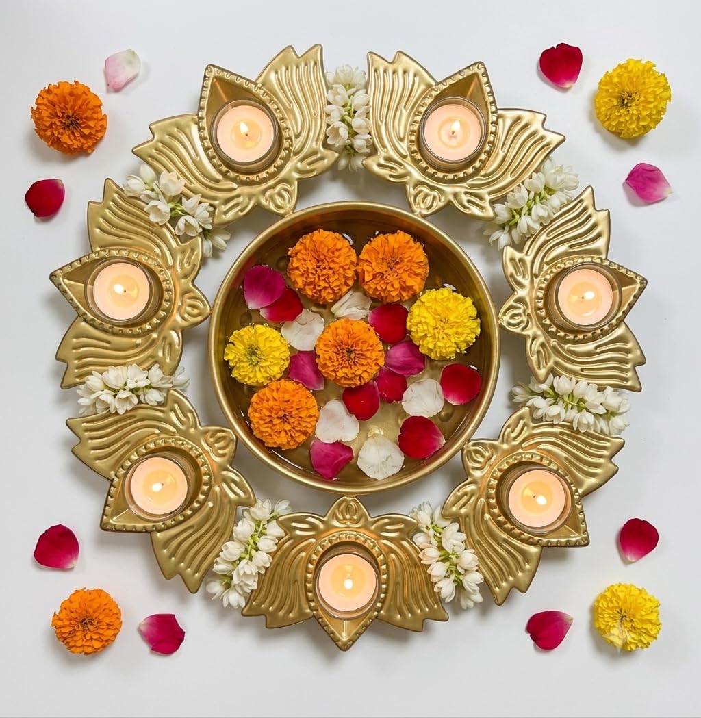 ABC Lotus Shape Beautiful Handcrafted Diya Urli Bowl for Diwali - Decorative Bowl for Floating Flowers and Tea Light Candles, Traditional Home Decor, Gift Metal (Pack of 1) (10 Inches)