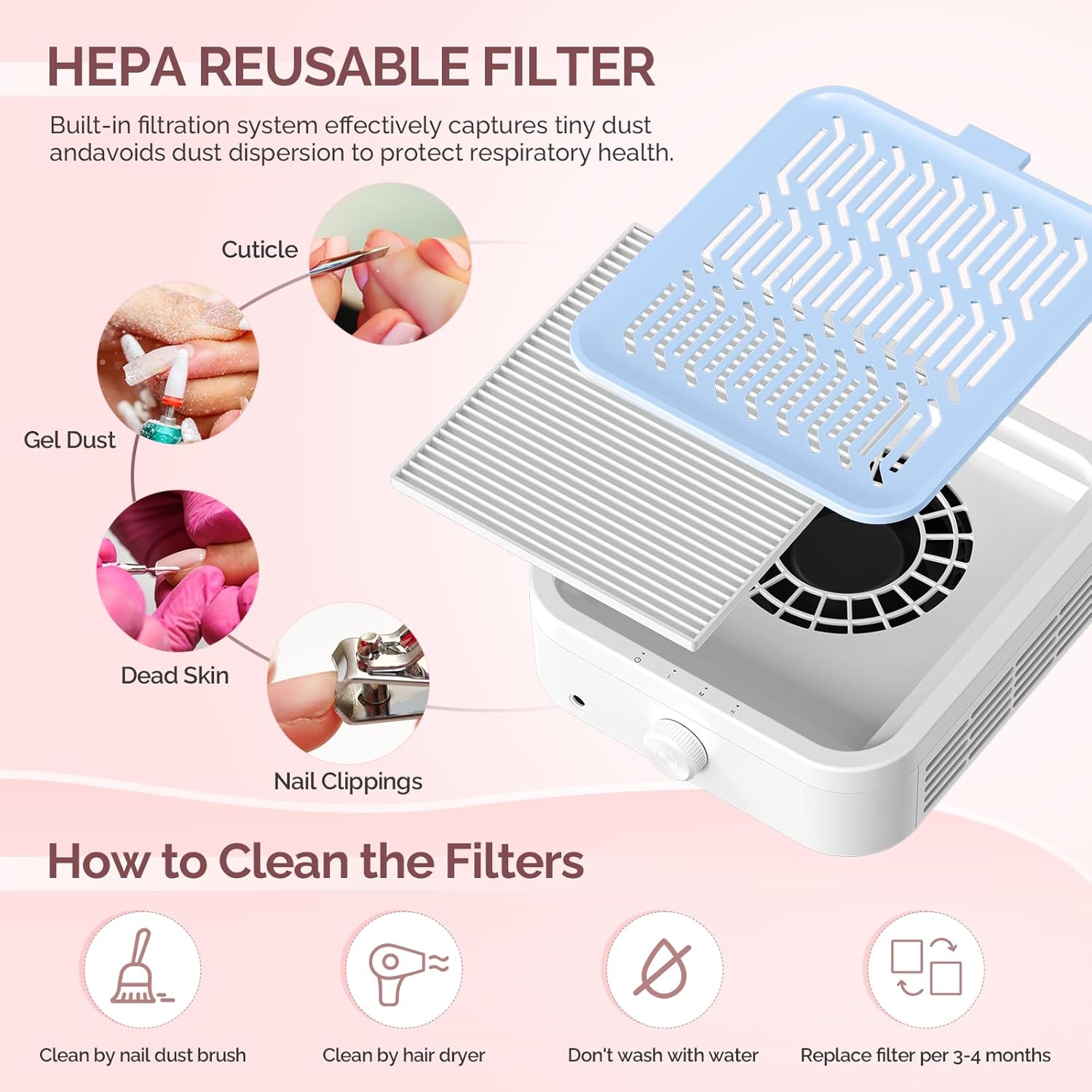 LIONVISON Nail Dust Collector for Acrylic: 120W Professional Nails Dust Collector With Reusable HEPA Filter For Home Salon Use - Portable 3 Speed Vacuum DIY Manicure For Nail Art Beginners (Blue)