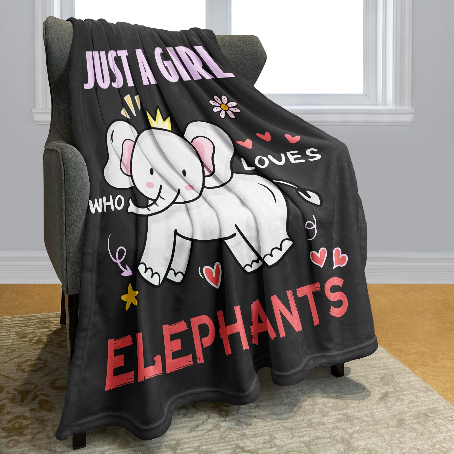 YISUMEI Elephant Fleece Throw Blanket, Just A Girl Who Loves Elephants Design, Gift for Girls Women Kids 125 x 150 cm, Black - Image 2