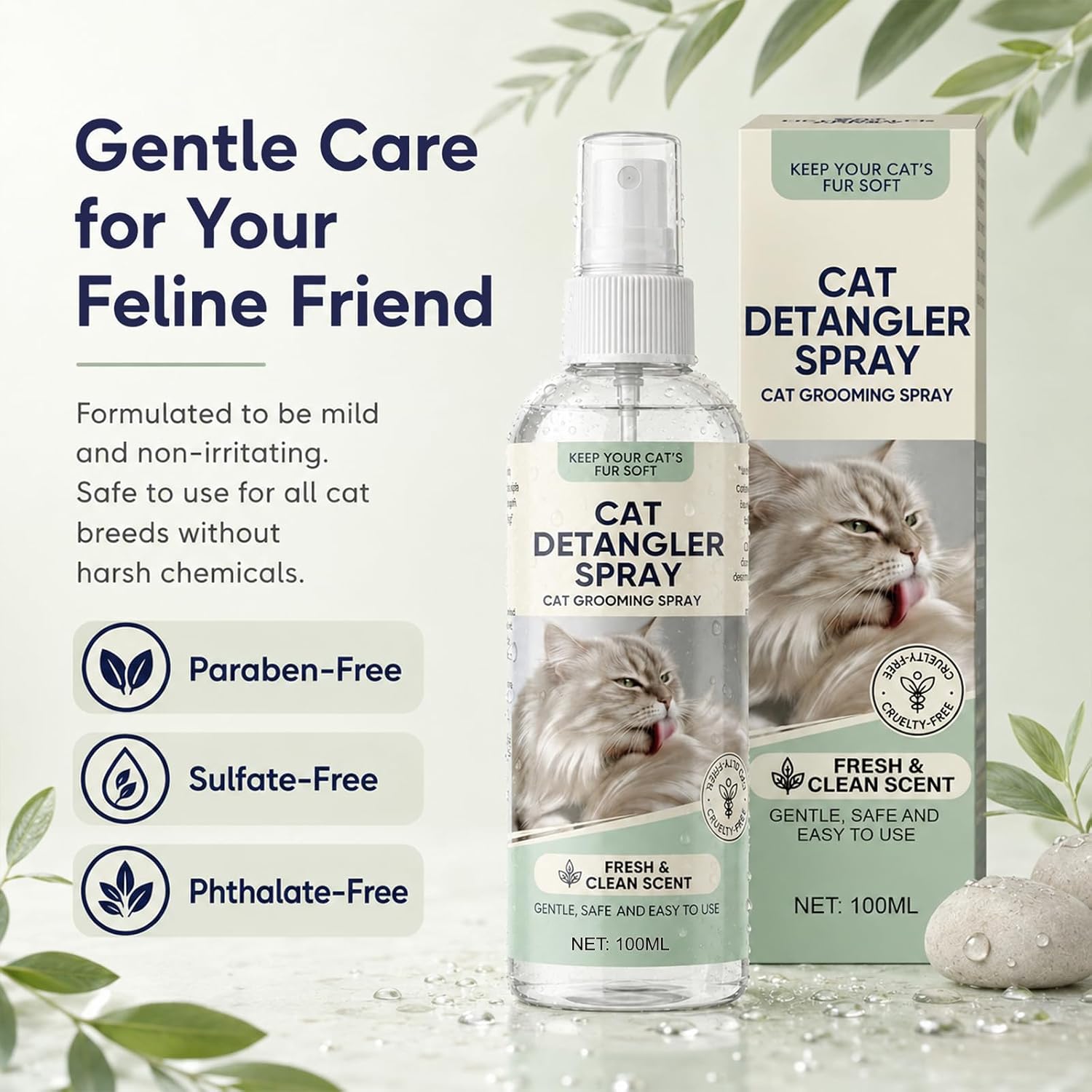 Cat Detangler Spray for Matted Hair - Gentle Cat Grooming Leave-in Spray with Aloe Vera & Coconut Oil - Loosens Knots, Reduces Static & Enhances Shine - Fresh Scent, 100ml
