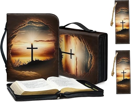 Miniatura 2 de Juego de 3 fundas de Biblia con estampado cruzado para mujer, ligera, de piel sintética, con asa duradera y bolsillo con cremallera, L