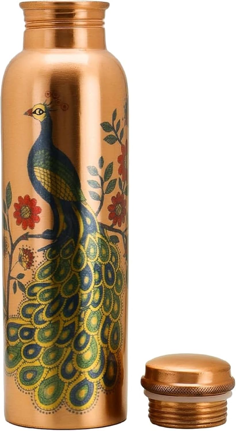 Copper Water Bottle - 30 Oz Large - A Peacock Printed Ayurvedic Pure Copper Vessel For Drinking Healthy Water image 4