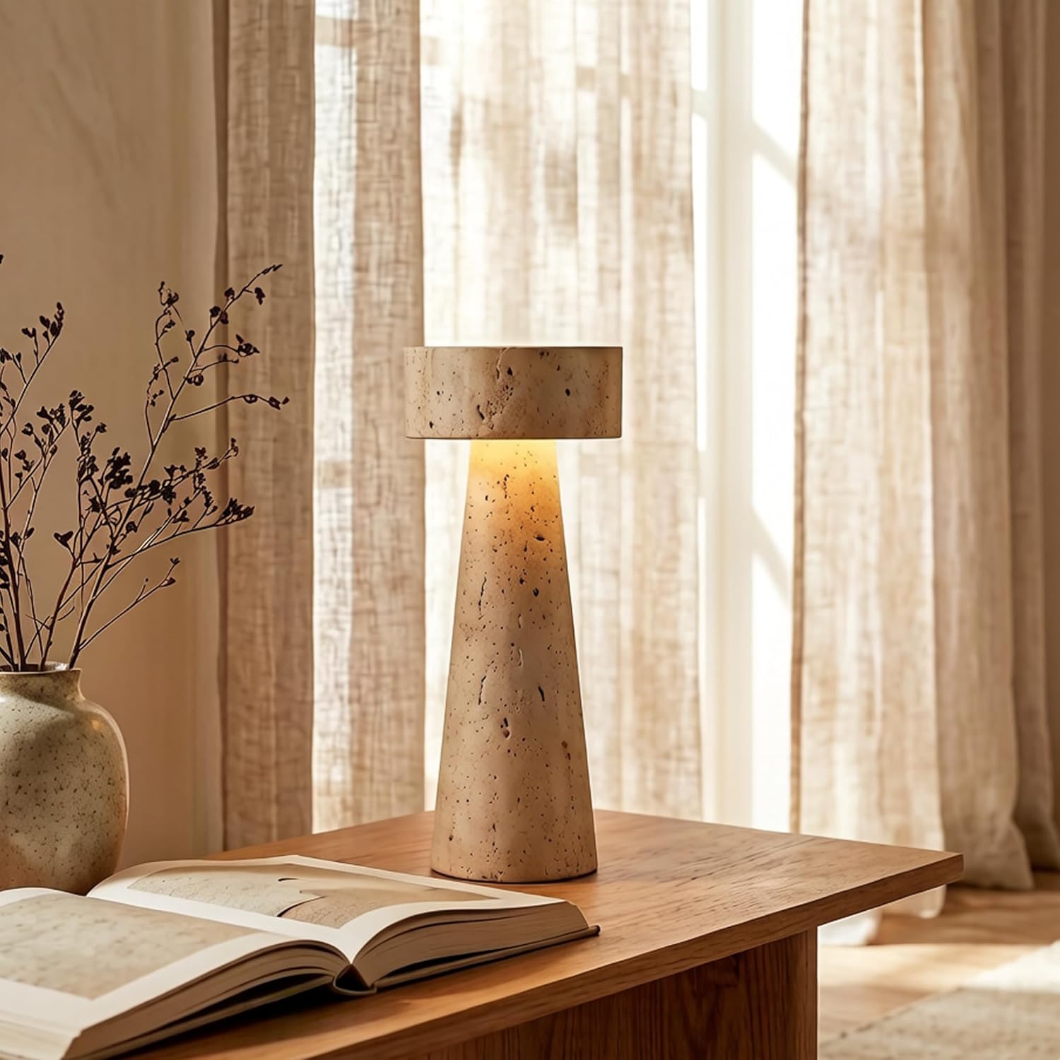 BSOD Travertine Lamp, Stone Table Lamp Japanese Wabi-Sabi LED Natural Mushroom Nightstand Lamp, Vintage Yellow Cone Control Tower Desk Light for Bedroom Living Room Office Side (Warm White)