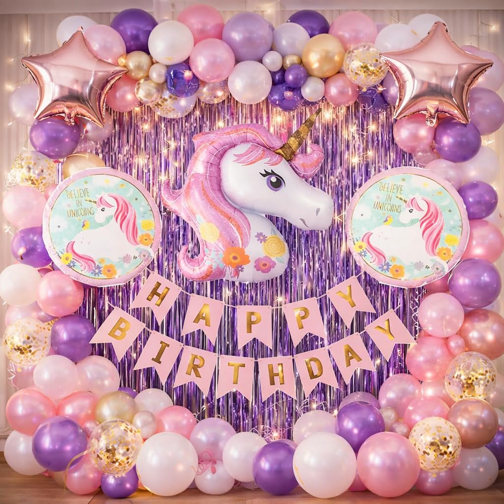 happy birthday Unicorn Theme Party decoration Supplies Combo set - 54Pcs Foil Balloon, Unicorn Head Balloon, Star,curtain For Girls Birthday Party Decoration