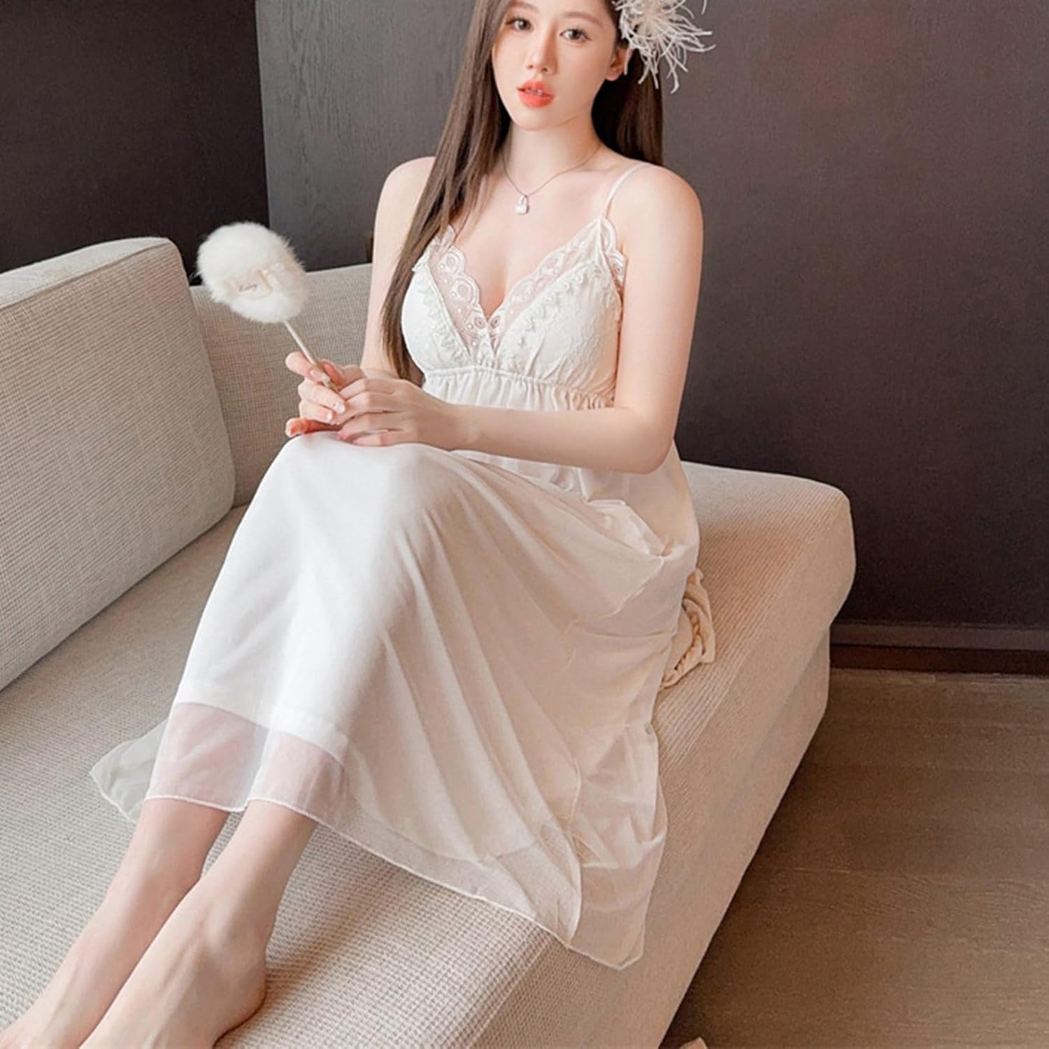 [GUREITOJP] 春夏 ネグリジェ ノースリーブ レース ナイトウェア 部屋着 ルームワンピース キャミソール vネック 寝巻