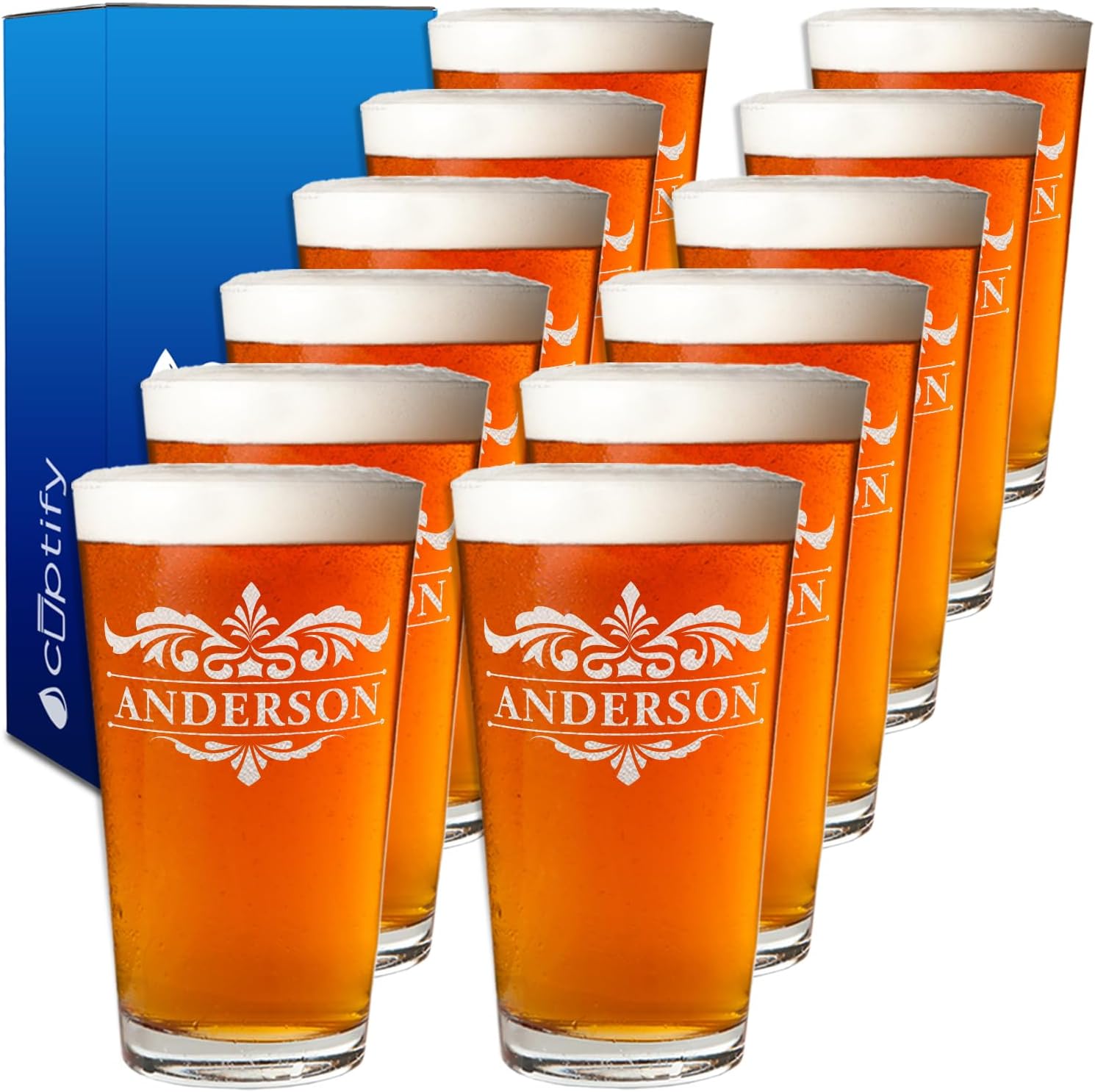 Custom Beer Glasses Set of 12 Initial and Name Laser Engraved 16oz Pint Glasses for Men & Women, Custom Drinking Gift for Birthdays, Weddings, Father’s Day & More