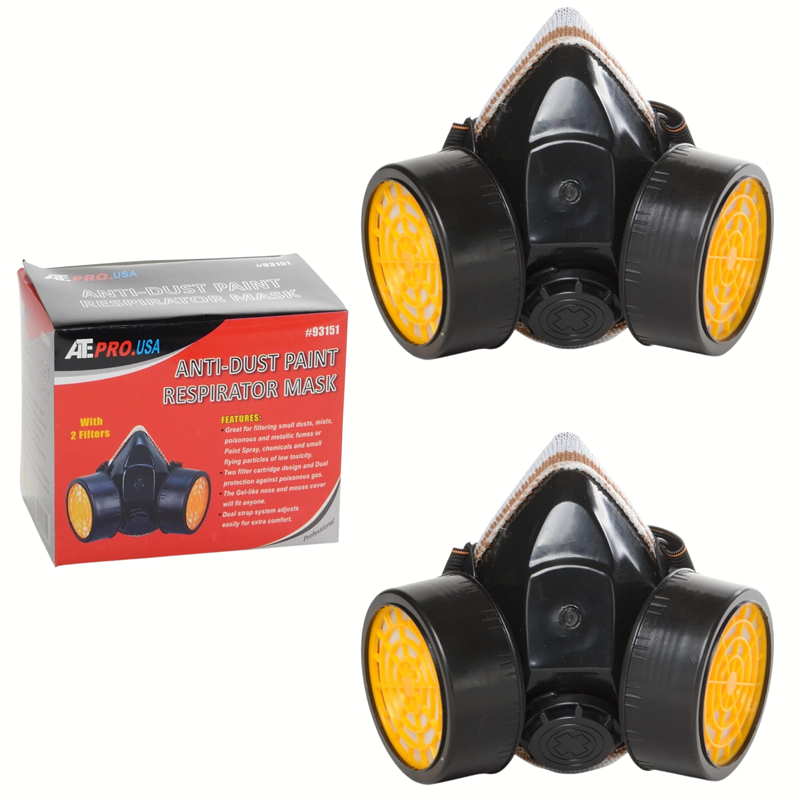 ATE Pro. USA - 2-Pack High Grade Anti-Dust Paint Respirator Mask, Dual Cartridge, One Size; Dual Filter; Gas Safety Chemical Paint Gas Vapor