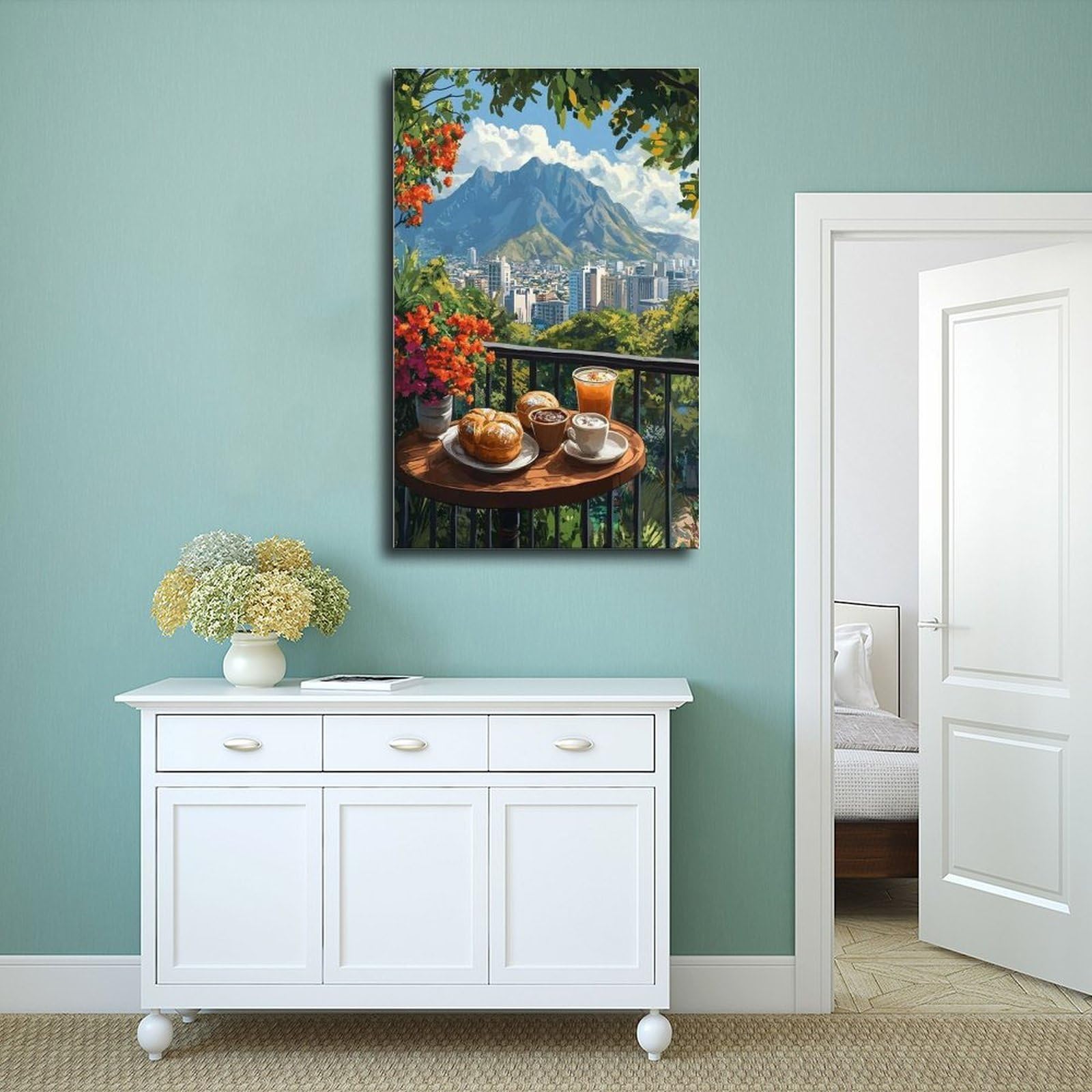 QOTOPGPG Poster su tela con vista sul balcone di Pan Dulce Breakfast, Monterrey, decorazione per camera da letto, ufficio, stanza, regalo, 60 x 90 cm