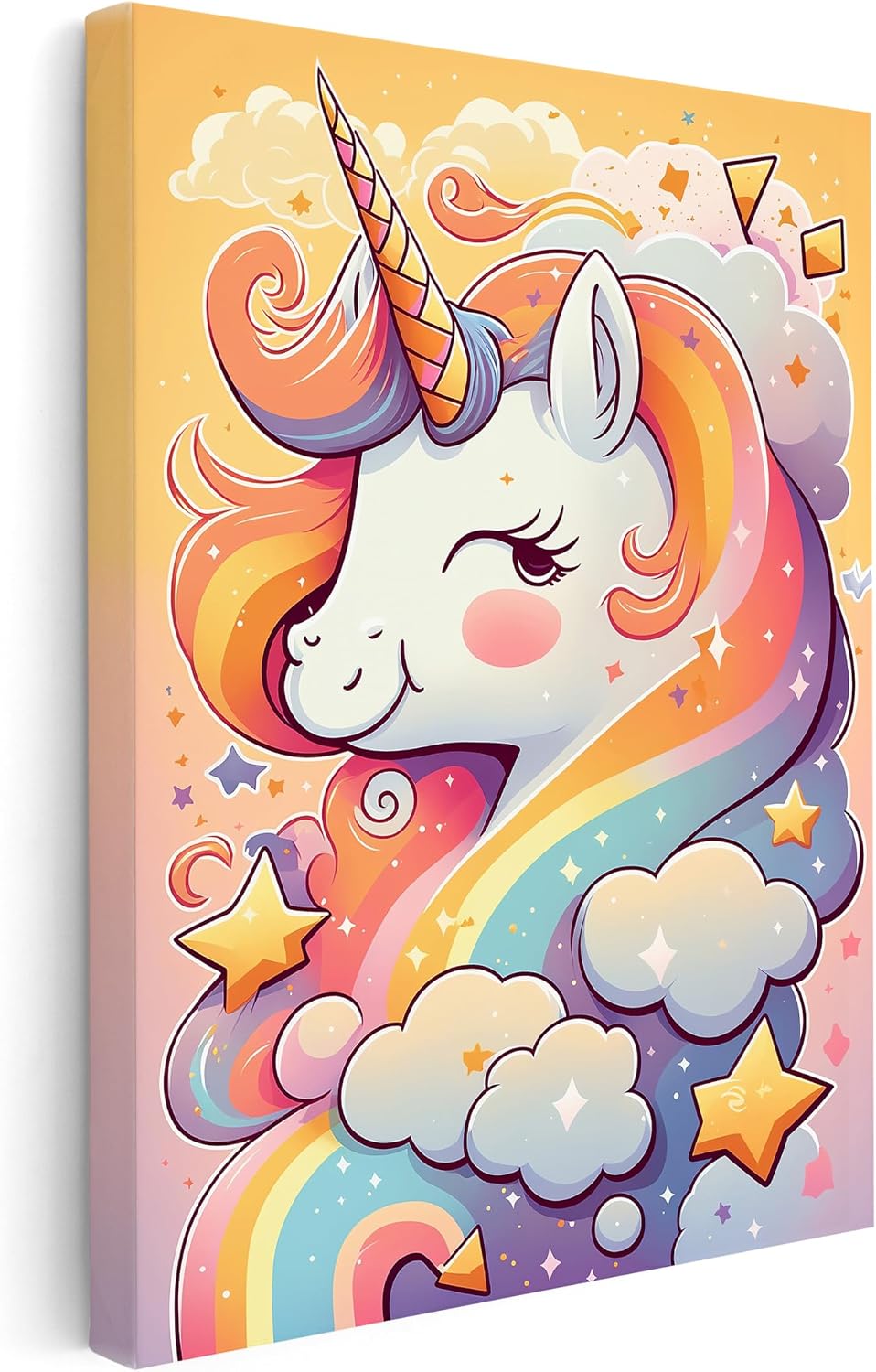 Poster Master Unicorn Canvas - Cute Unicorn Portrait Print - Clouds & Stars Art - Gift for Boys, Girls & Parents - Chic Wall Decor for Nursery, Kid's Room or Playroom - 8x10 STRETCHED Canvas
