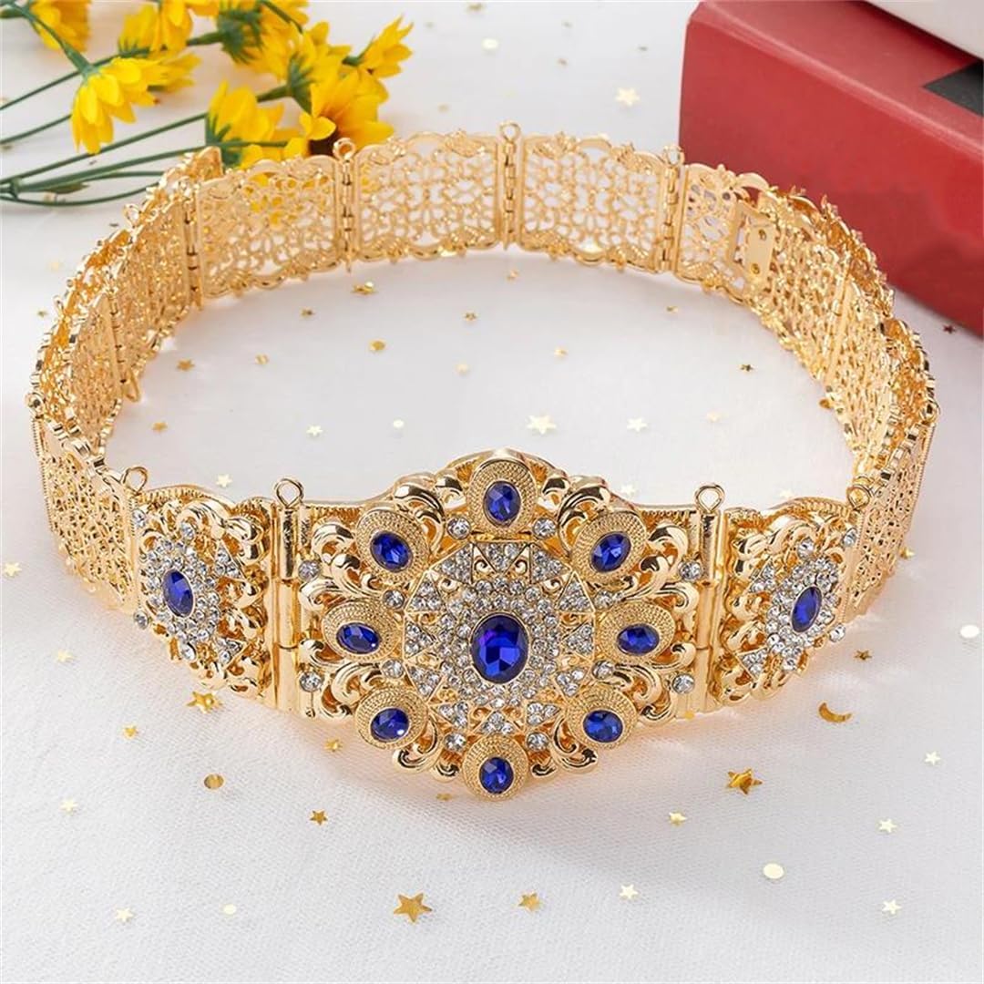 Women’S Gemstone EN8 Blue Pattern Bridal Waist Chain For Moroccan Dress And Vintage Ethnic Body Jewelry