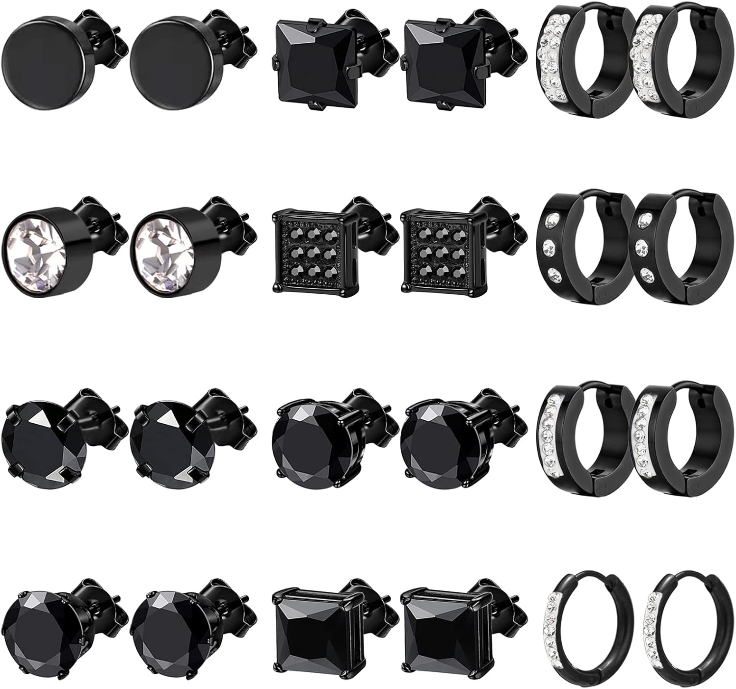 NEWITIN 12 Pairs Stainless Steel Stud Earrings for Men Hypoallergenic Earring Unisex Studs Inlaid Cubic Zirconia Men Earrings Hoop CZ Stud Earring Set for Women