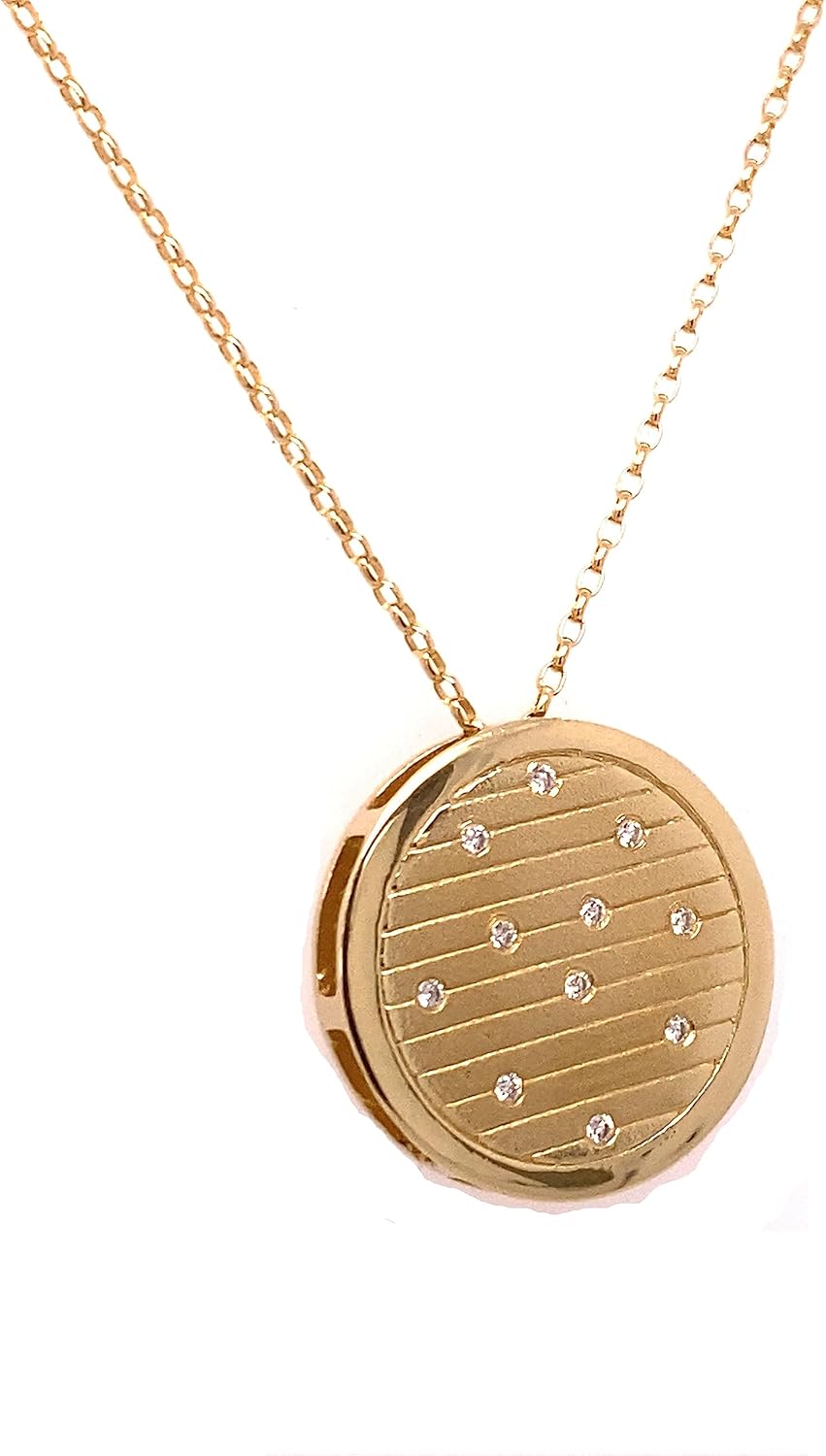 14K Yellow Gold Matte Finish Circle Pendant Necklaces With 0.11 TCW Natural diamond, Flush Setting in Cable Chain, Lobster Claw Clasp (G-H Color, SI2-I1 Clarity, Very-good-cut, Round-brilliant-shape)