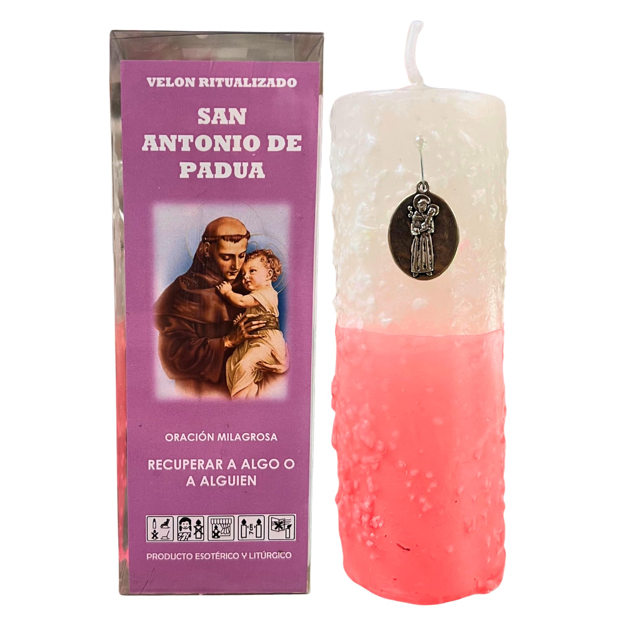 Velón de San Antonio de Padua Ritualizado para Recuperar Algo o Alguien | Vela Especial con Oración Milagrosa para Traer de Vuelta una Persona u Objeto | Con Alfiler, Medalla e Instrucciones.