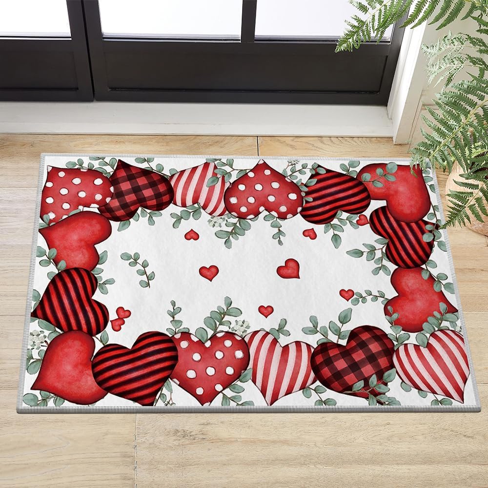 Artoid Mode Eucalyptus Hearts Valentine's Day Area Rug, Anniversary Home Decor Low-Profile Washable Door Mat for Entryway Bedroom Living Room Laundry Room Indoor 2x3 Feet 2' x 3' Red