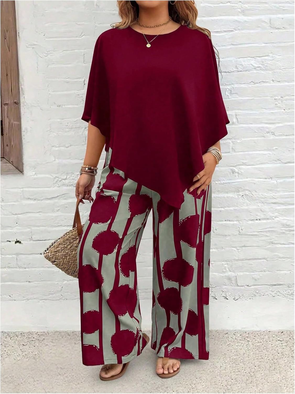 SOLY HUX Women's Plus Size Summer Vacation Outfits 2 Piece Half Sleeve Asymmetrical Blouse Tops and Wide Leg Pants Set - Image 5