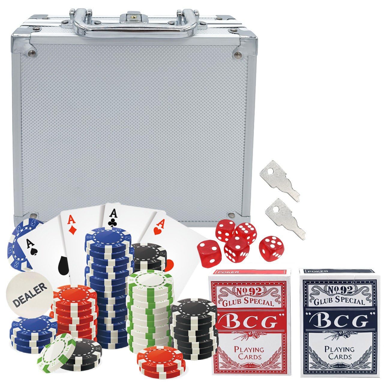 Valigetta da Poker Texas Hold’em Blackjack con 100, 200, 300 Chips Fiches, 2 Mazzi di Carte, 5 Dadi e Dealer - Colore Argento (100)