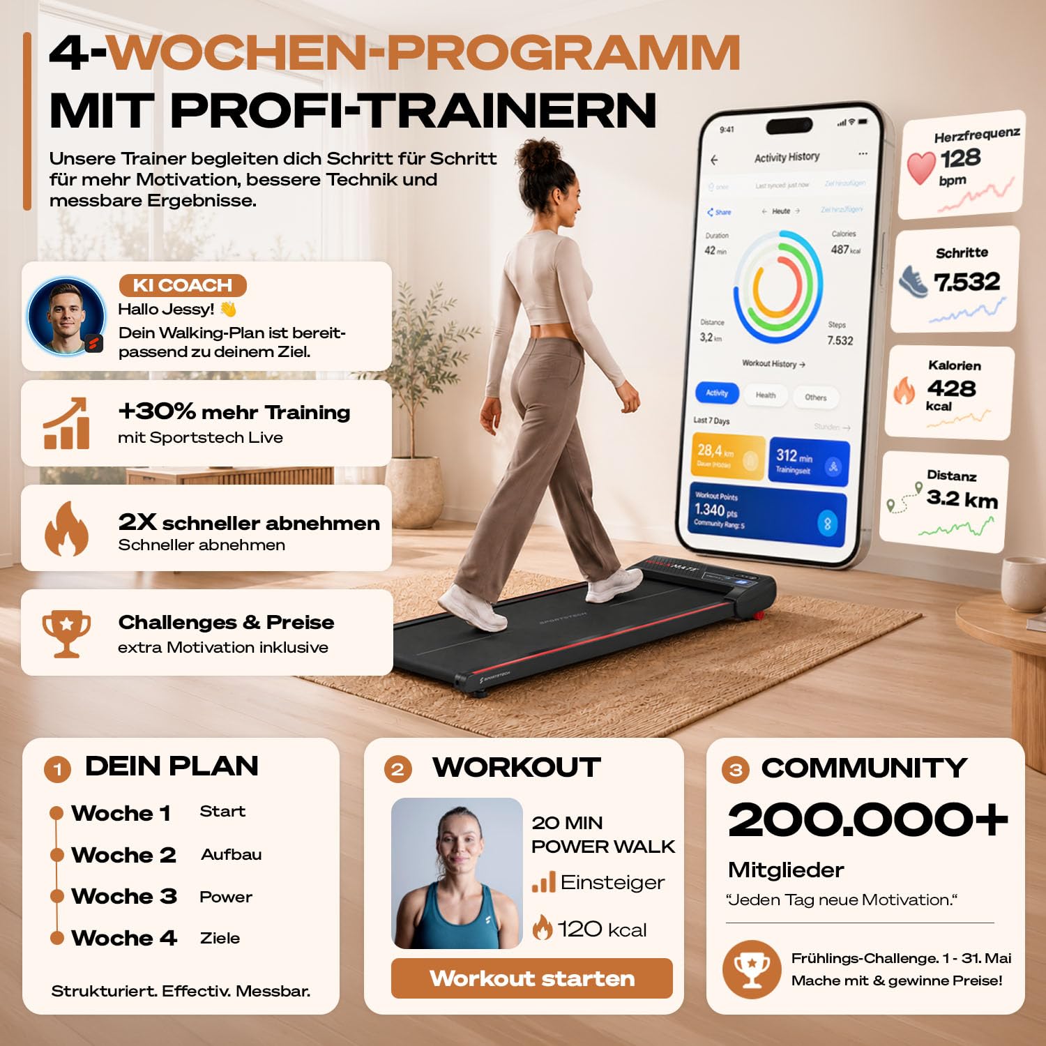Sportstech Walking Pad - Laufband Für Zuhause mit Steigung bis 5% | 1-6km/h, inklusive App Mitgliedschaft | Home Office, Schrittzähler, leicht & kompakt, Transportrollen | WalkMate bis 120kg