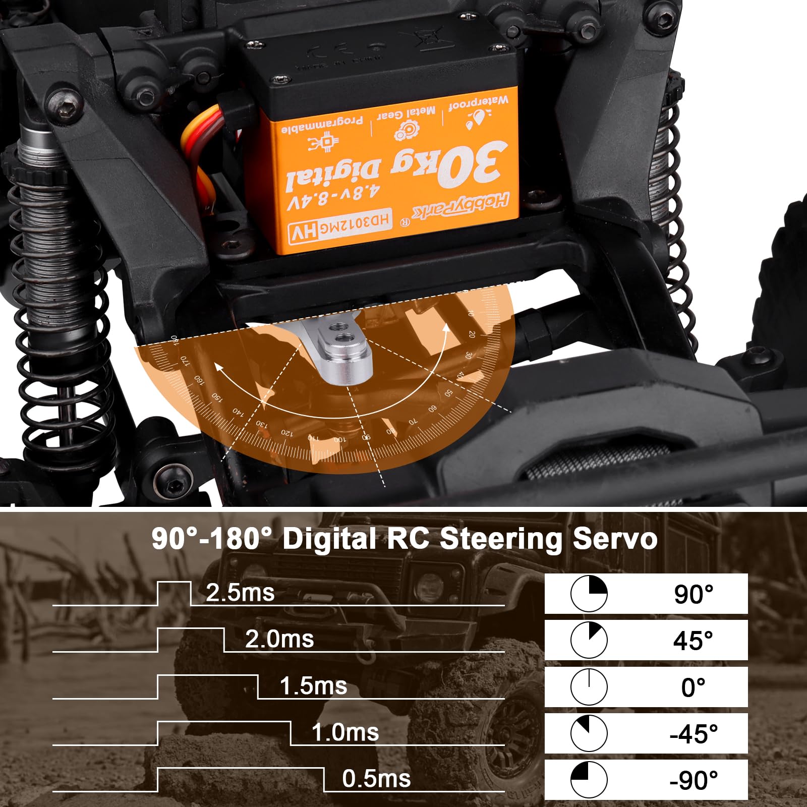 HobbyPark Paquete de 2 servos impermeables de 30 kg de alto par de torsión RC Servo Metal Gear todo de acero inoxidable para 1/12 1/8 1/10 RC Car Crawler Truck Buggy Robótica 5V-8.4V Alto Voltio