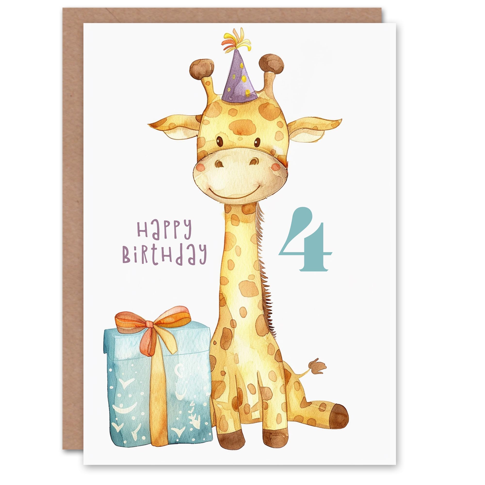 Artery8 Kids Age 4 Birthday Card - Baby Giraffe Design - Yellow
