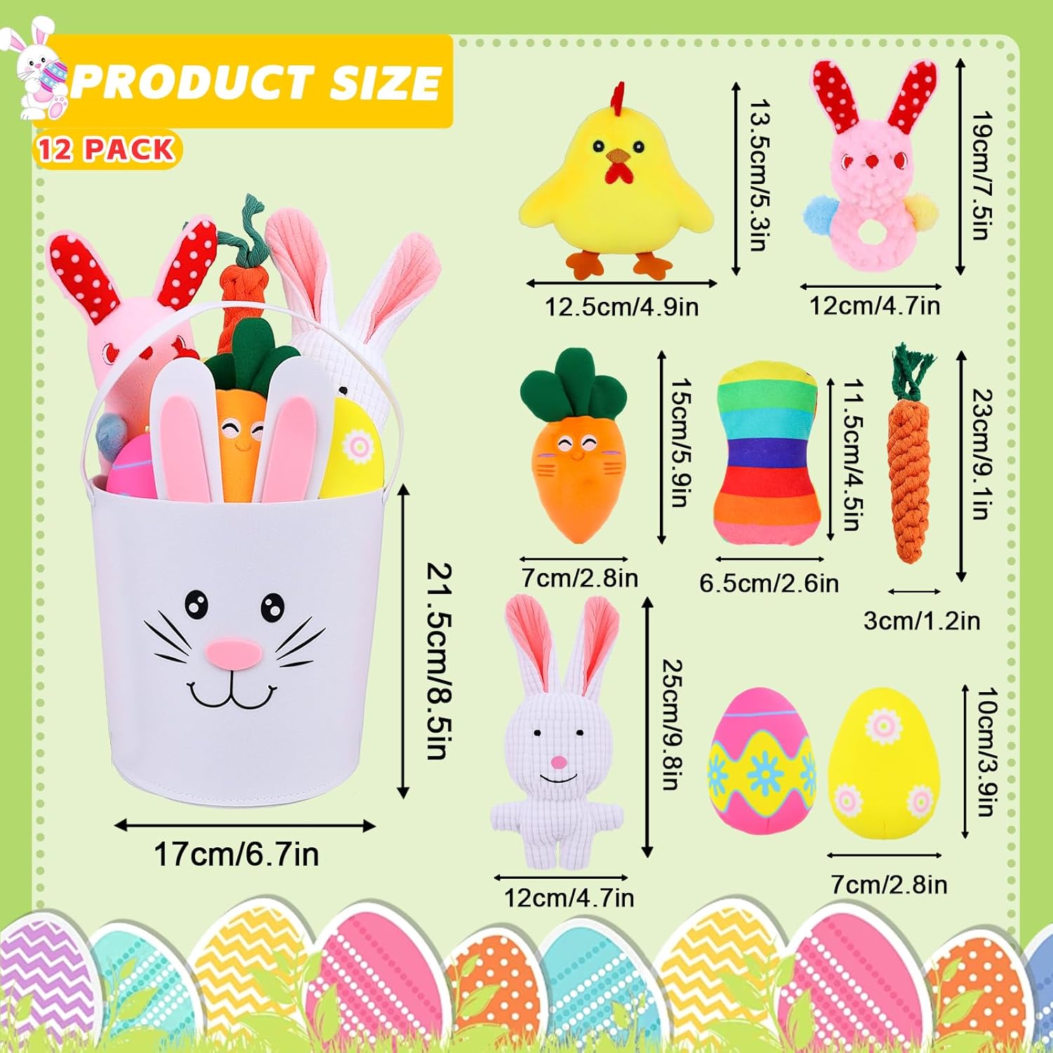 12 Pcs Easter Dog Toys Basket Set Include Dog Squeaky Toy Bunny Costume Plush Easter Eggs Bunny Carrot Shape Stuffed Toy Interactive Chew Toys Easter Gifts for Puppy Small Medium Dogs