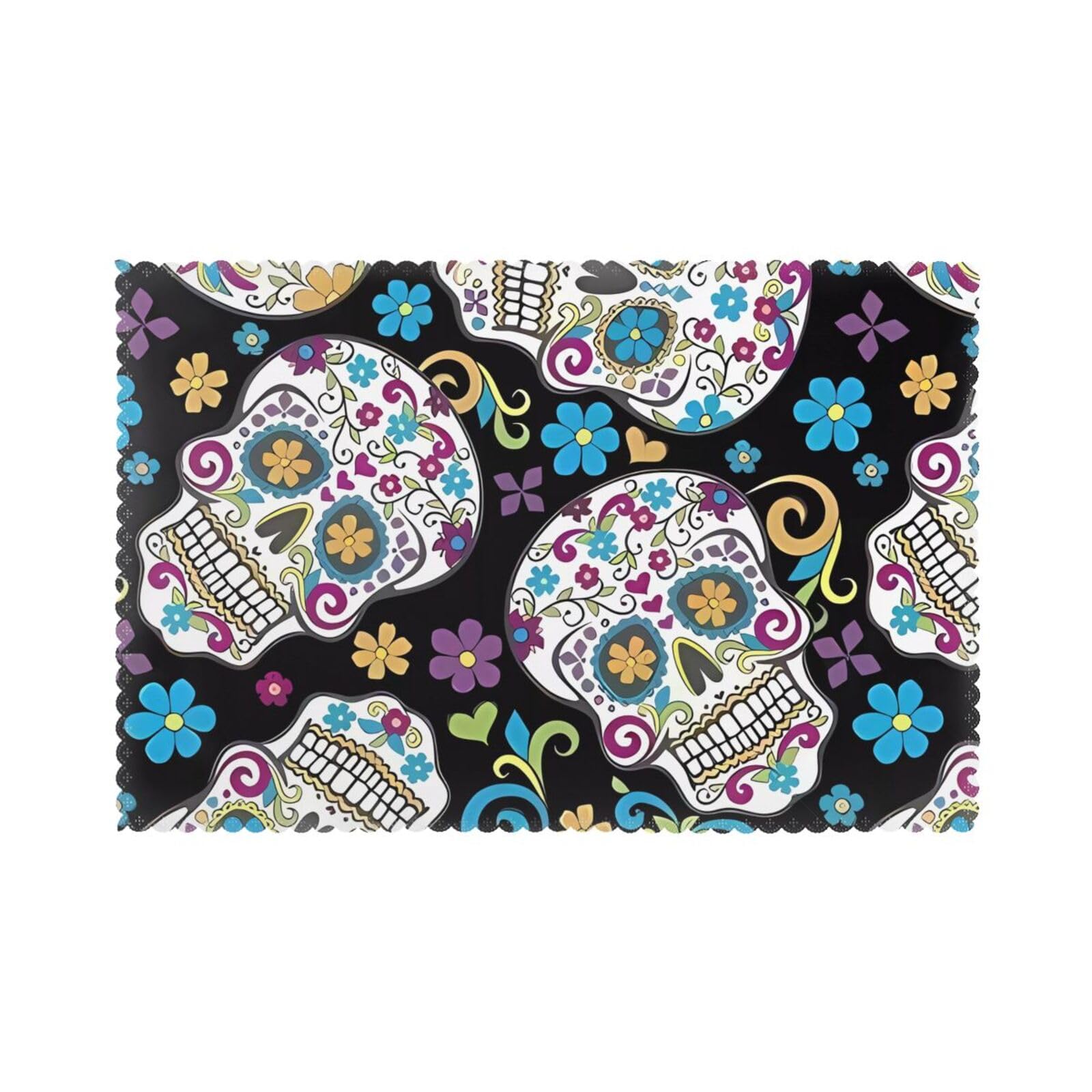 YYHWHJDE Skull with flowers Prints Placemats Set of 6 12x18in - Durable Table Layers with Heat Resistance & Customizable Prints