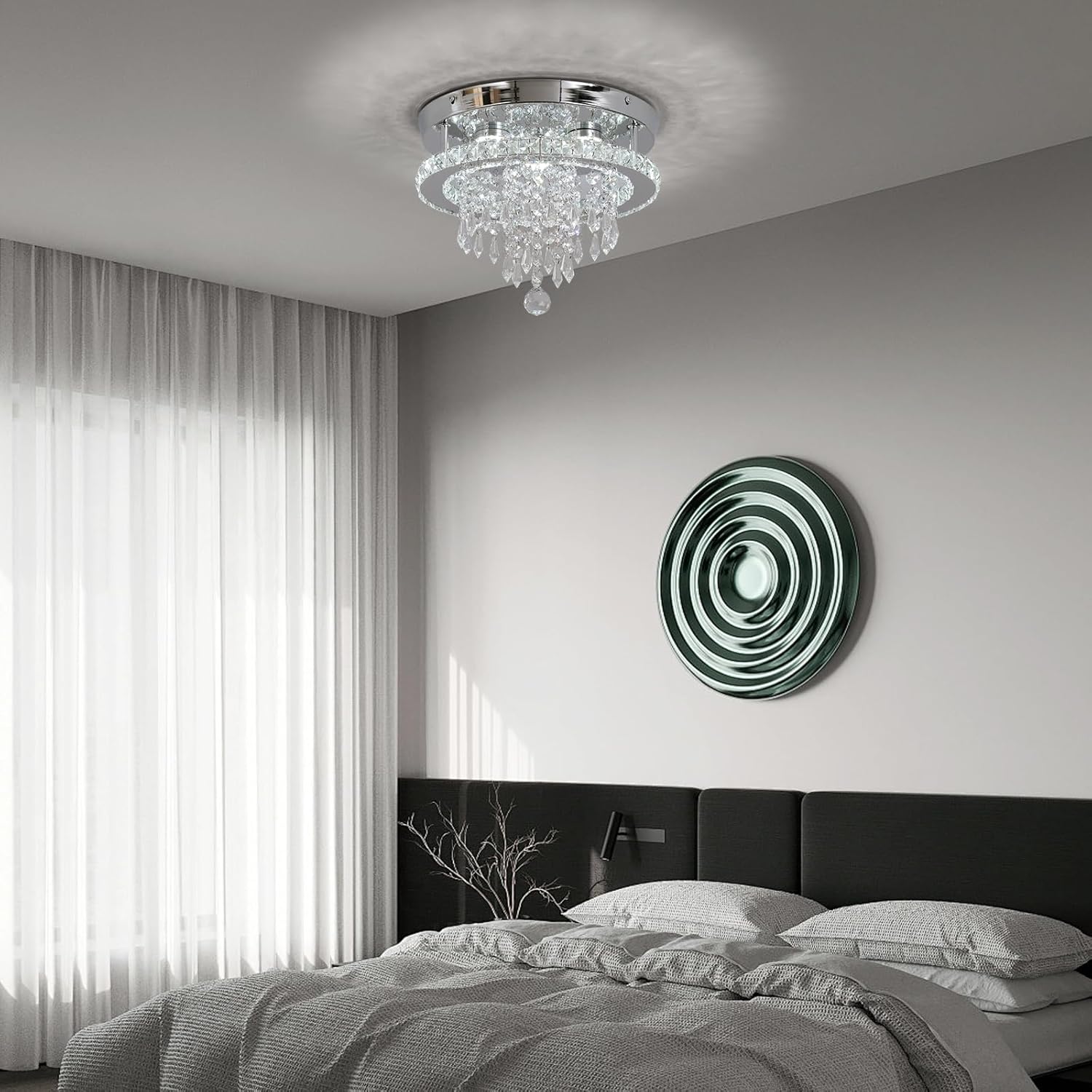 Deckrico Modern Crystal Chandelier 11.8" LED Ceiling Light Chrome Flush Mount Lighting Fixture for Bedroom, Hallway, Kitchen, Dining Room – Cool White