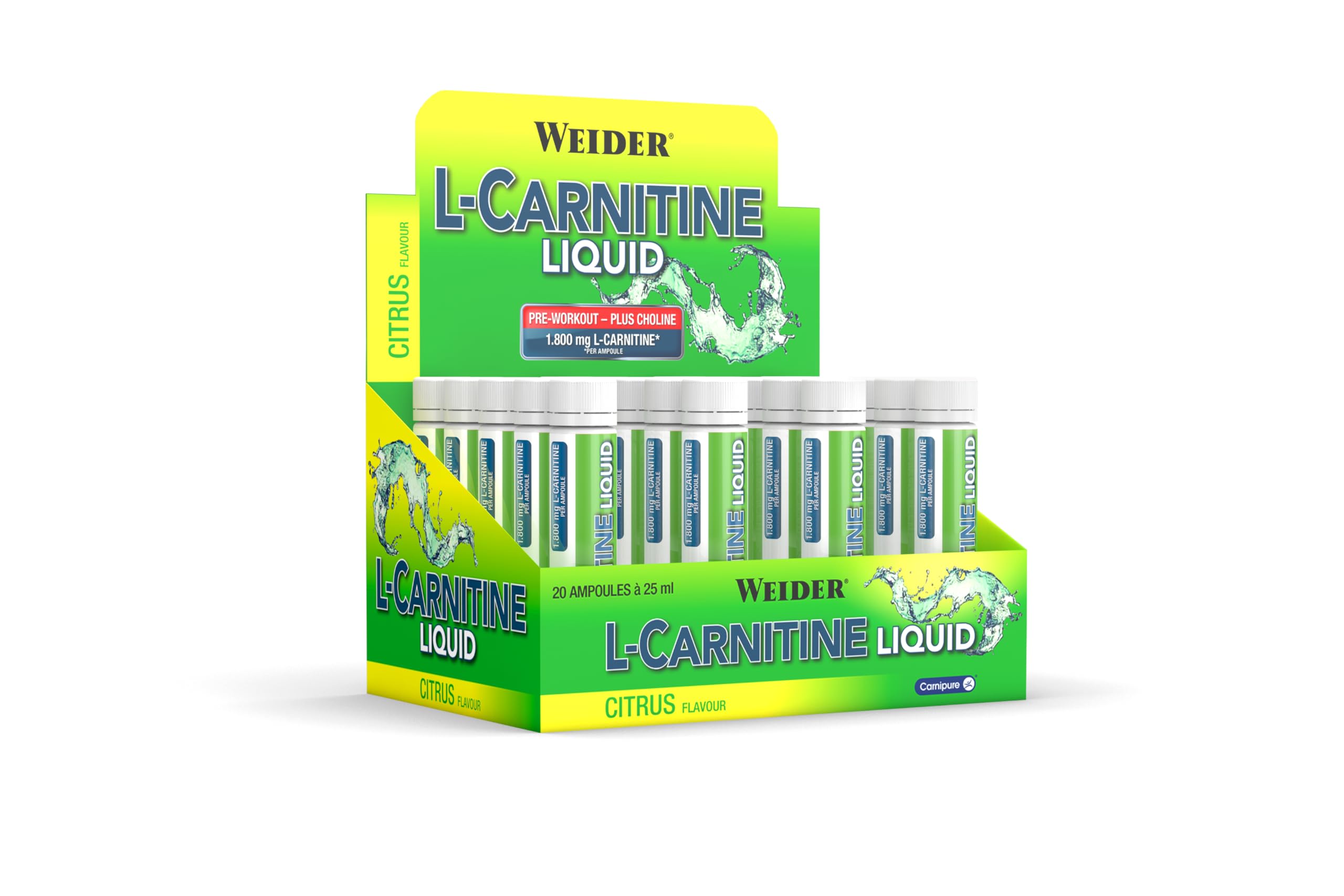 Weider L-Carnitine Liquid - Trinkampullen mit 1800 mg Carnipure L-Carnitin  - Mit Cholin für einen normalen Lipidstoffwechsel - 20 x 25 ml