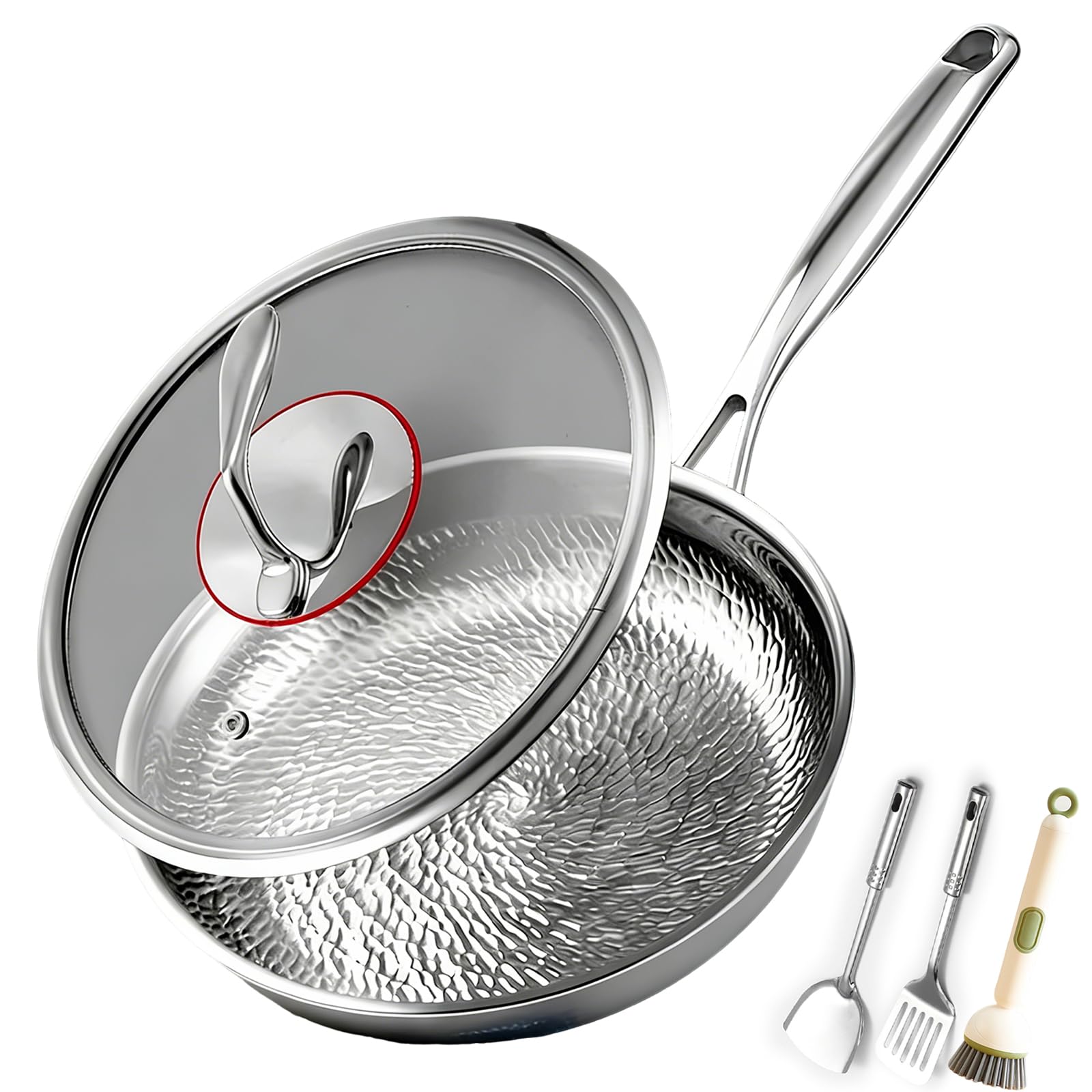 Poêle en titane pur martelée haut de gamme avec couvercle et spatules 26cm