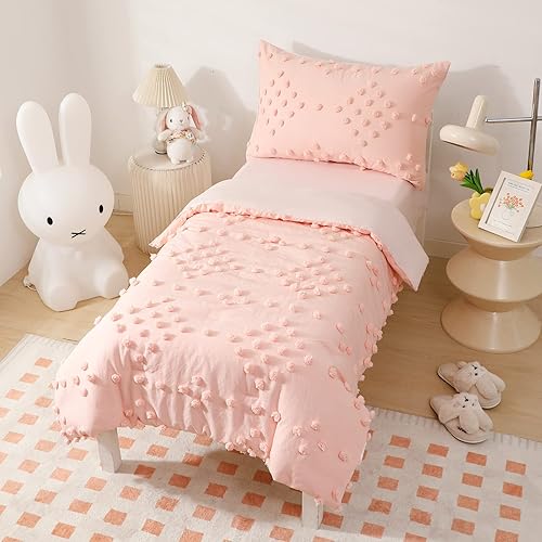 Miniatura 2 de DECMAY Juego de edredón rosa bohemio copetudo para niñas y bebés con pompones geométricos de 4 piezas, edredón rosa para cuna con sábana bajera,
