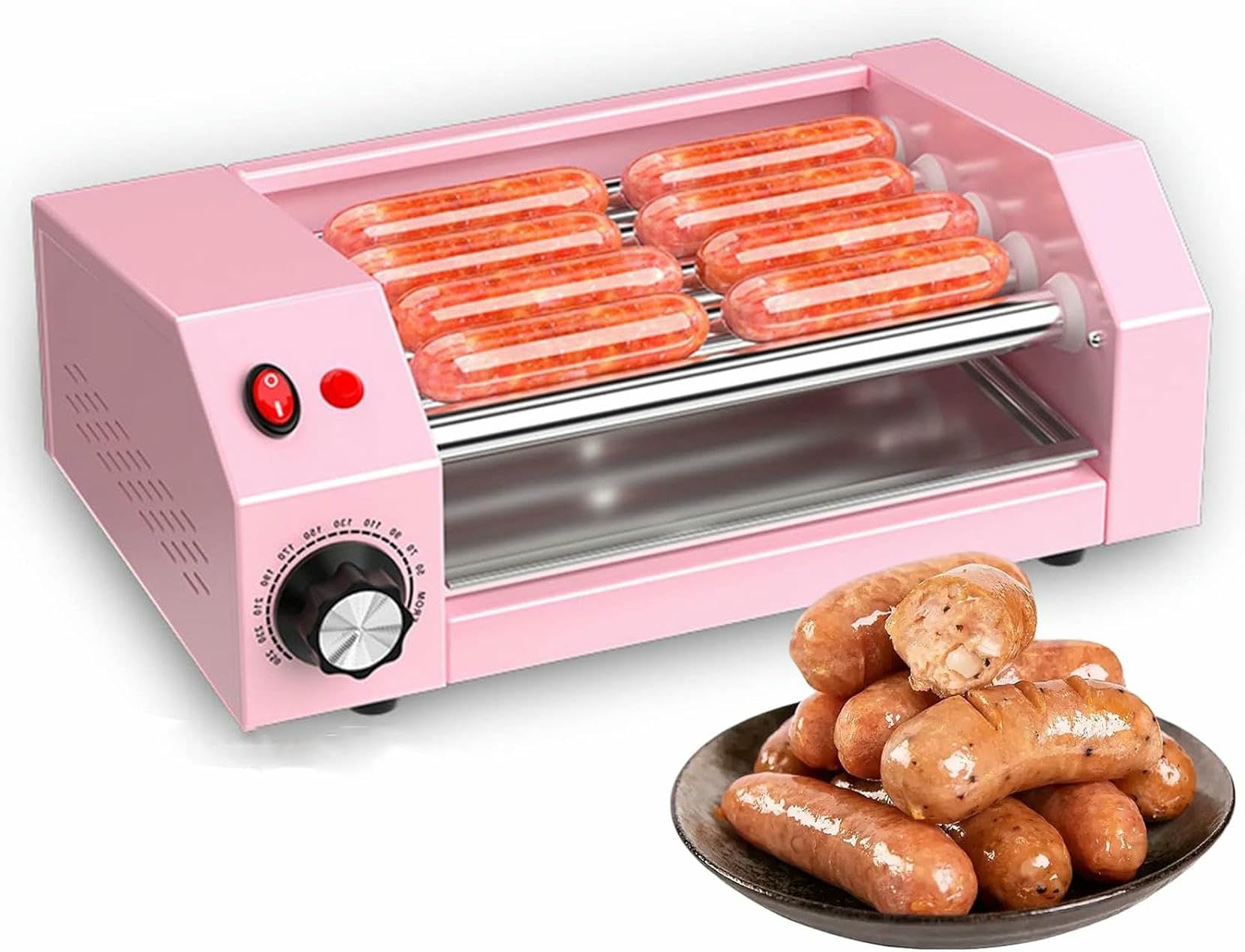 Máquina rodillo perritos calientes, mini máquina hacer salchichas parrilla doméstica de 300W con control de temperatura de 0-250 ℃, cocina parrilla encimera con 5 rodillos para salchichas green