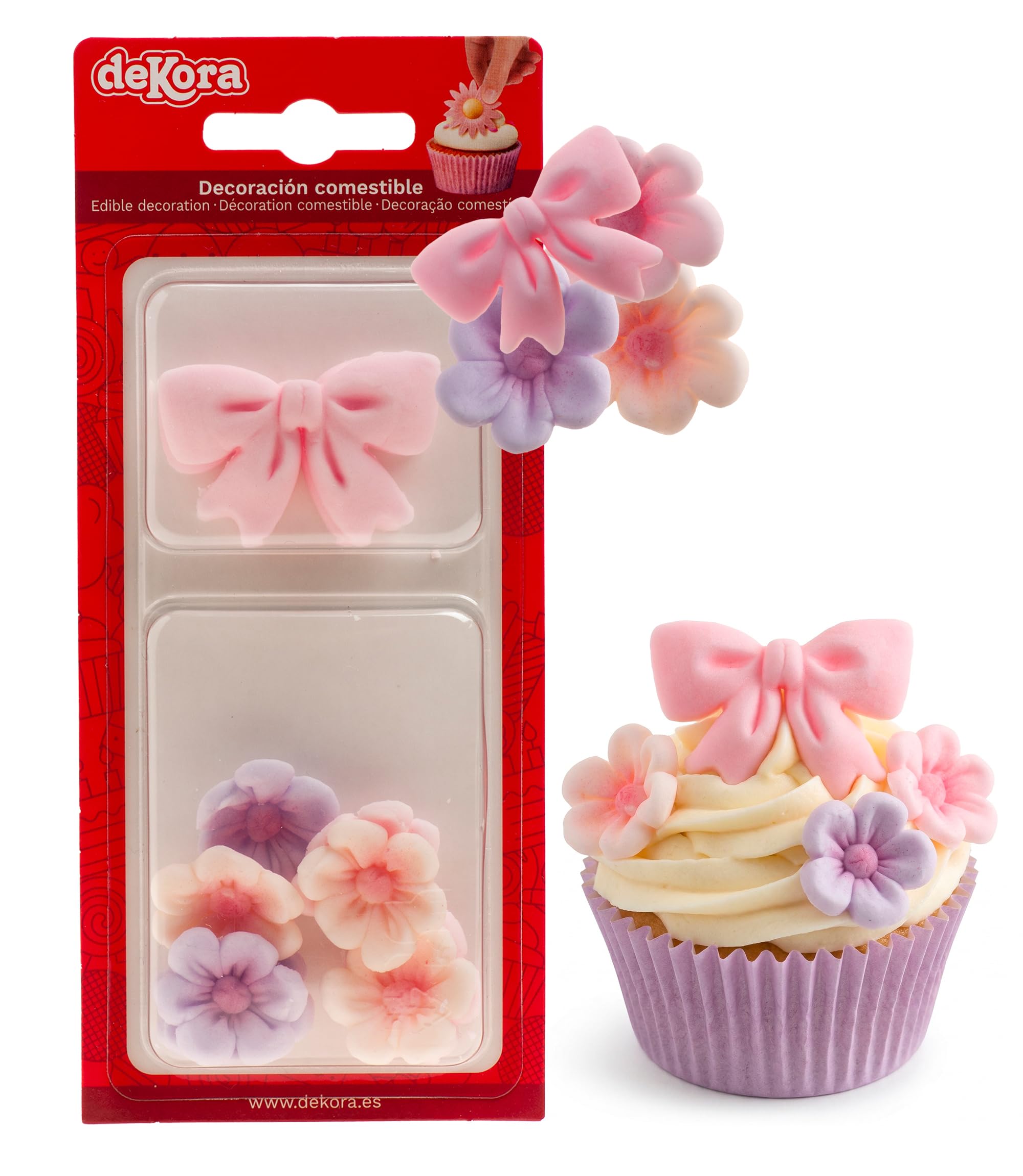 dekora - Sugar Flowers for Cakes, Edible Cake Decorations with 7 Flowers and 2 Pink Bows, Ready to Use Cupcake Decorations for Baby Shower, Gender Reveal and Birthday Cakes