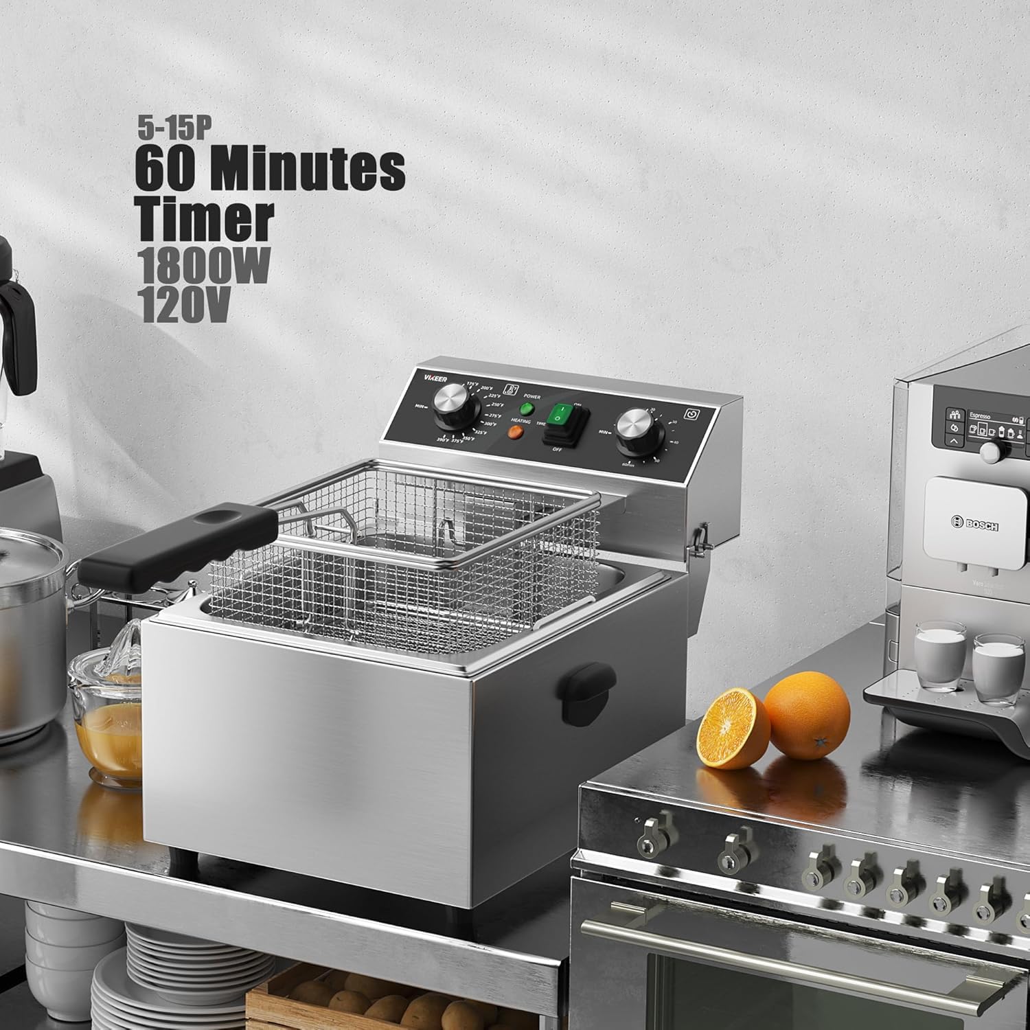 Friggitrice elettrica da banco da 10 Litri in Acciaio Inox con cestello e Coperchio, 1800 W, Timer da 60 Minuti, Ideale per la Cucina Domestica e Professionale.
