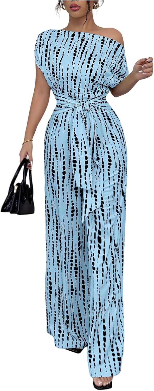 SOLY HUX Women's Allover Printed Asymmetrical Neck Romper Elegant Tie Front Wide Leg Jumpsuits