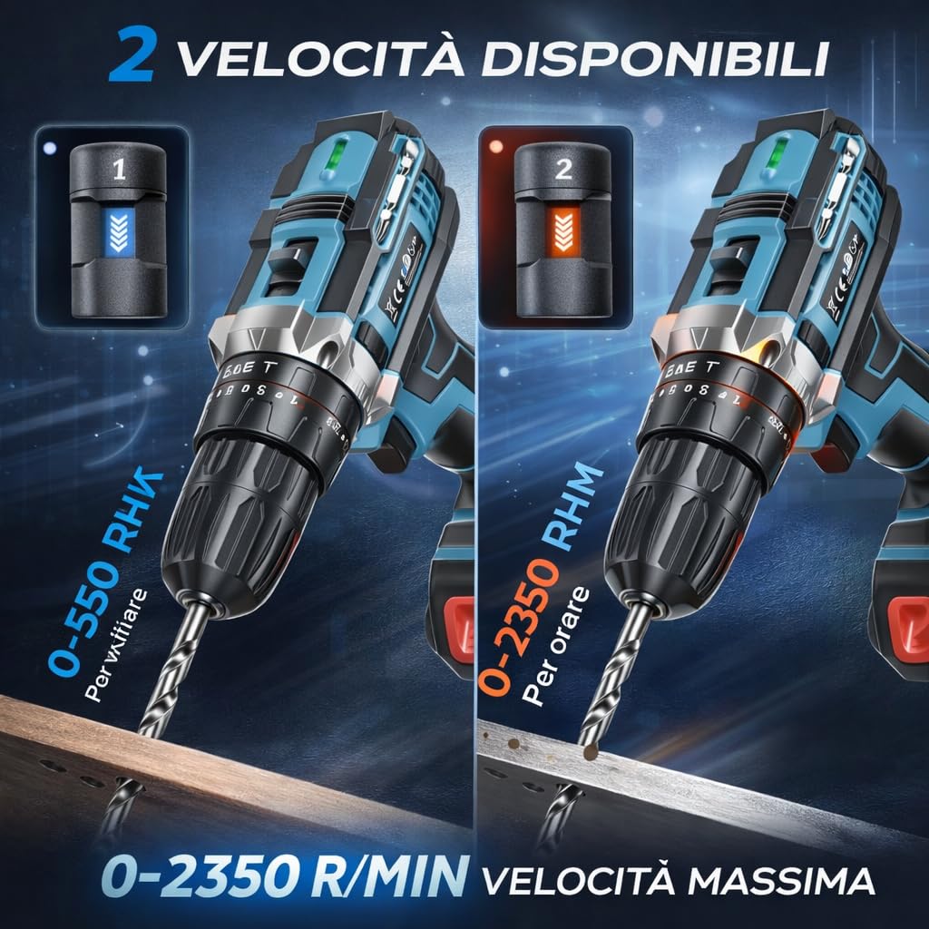 Trapano Avvitatore a Batteria 48V MAX Professionale, 2 Velocità 0-2350 RPM, 25+3 Coppie, Mandrino Autoserrante, Luce LED, Kit Completo con Valigetta e Accessori