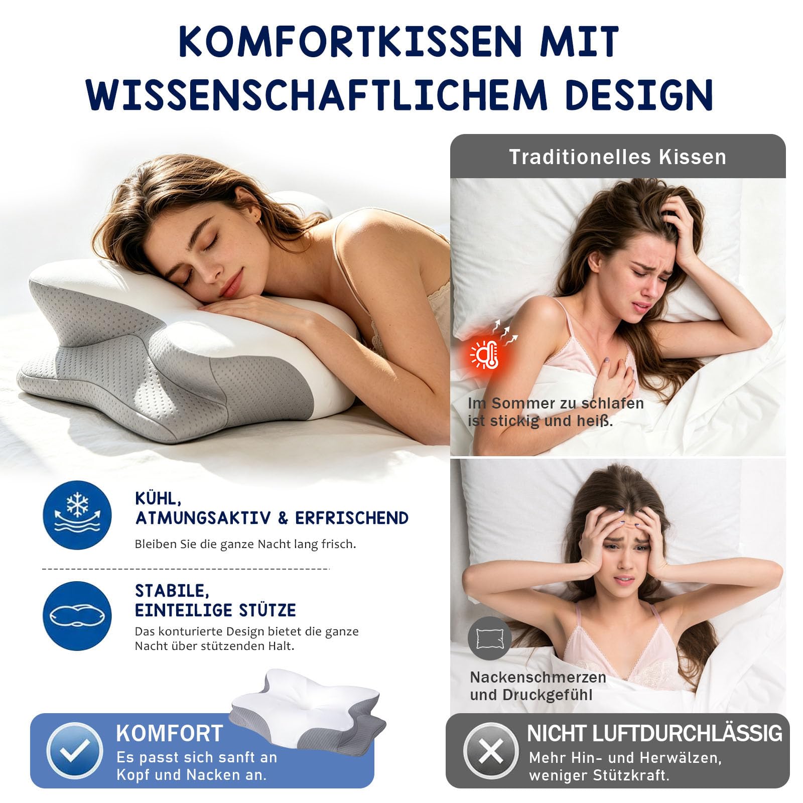 Nackenkissen Kopfkissen - Memory Foam Kissen - Ergonomisch Seitenschläferkissen - Nackenstützkissen für Seiten, Rücken Bauchschläfer, Grau